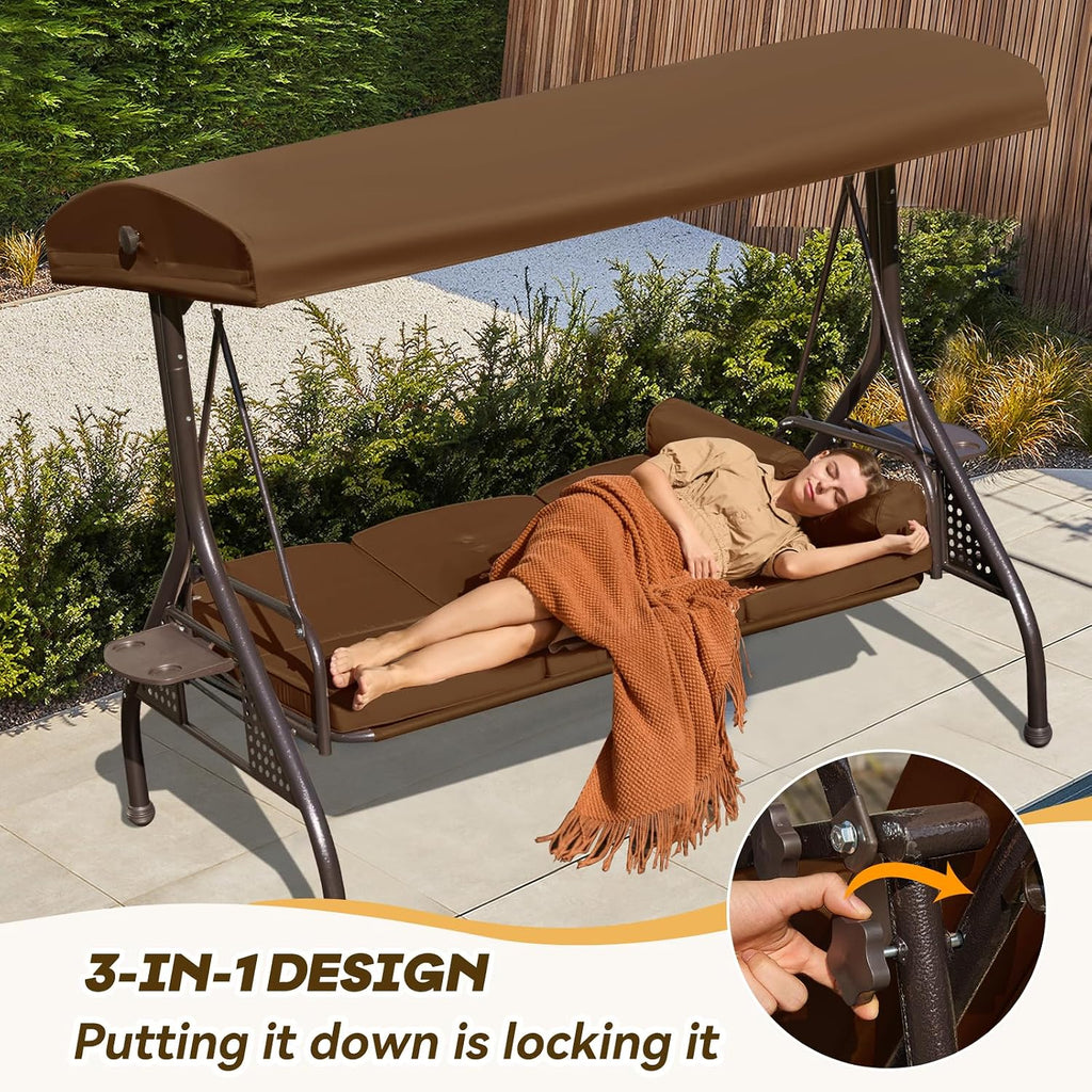 3 in 1 Outdoor Porch Swing with Adjustable Canopy, 3 Seat Outdoor Swing for Adults, Patio Swing Chair with Thickened Cushions,Pillows & Cup Holders for Backyard, Porch, Garden (Brown)