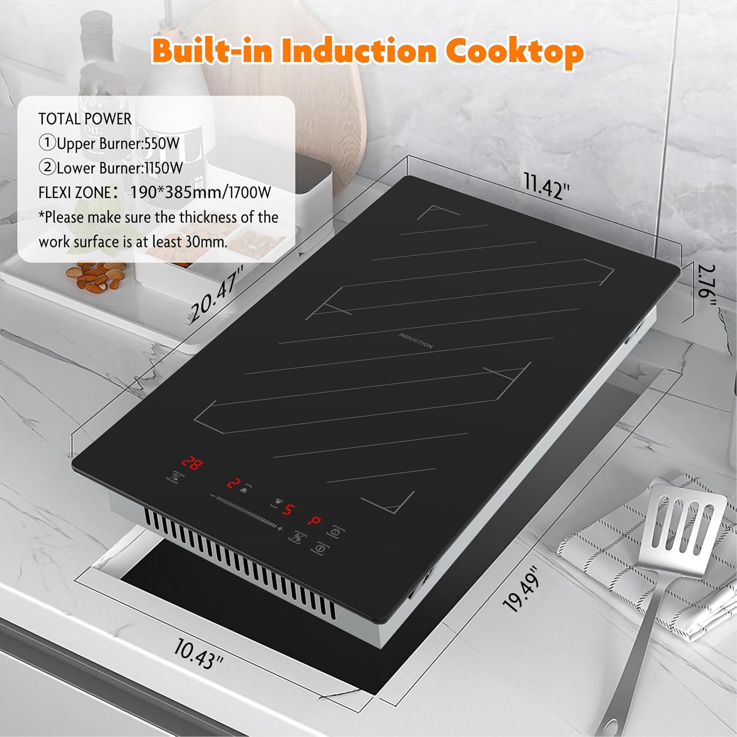 12 Inch Induction Cooktop 2 Burners, 1700W Built-in & Countertop Electric Stove with Plug, Slide Control, 9 Power Levels, Timer & Child Lock, 120V for Fast Heating