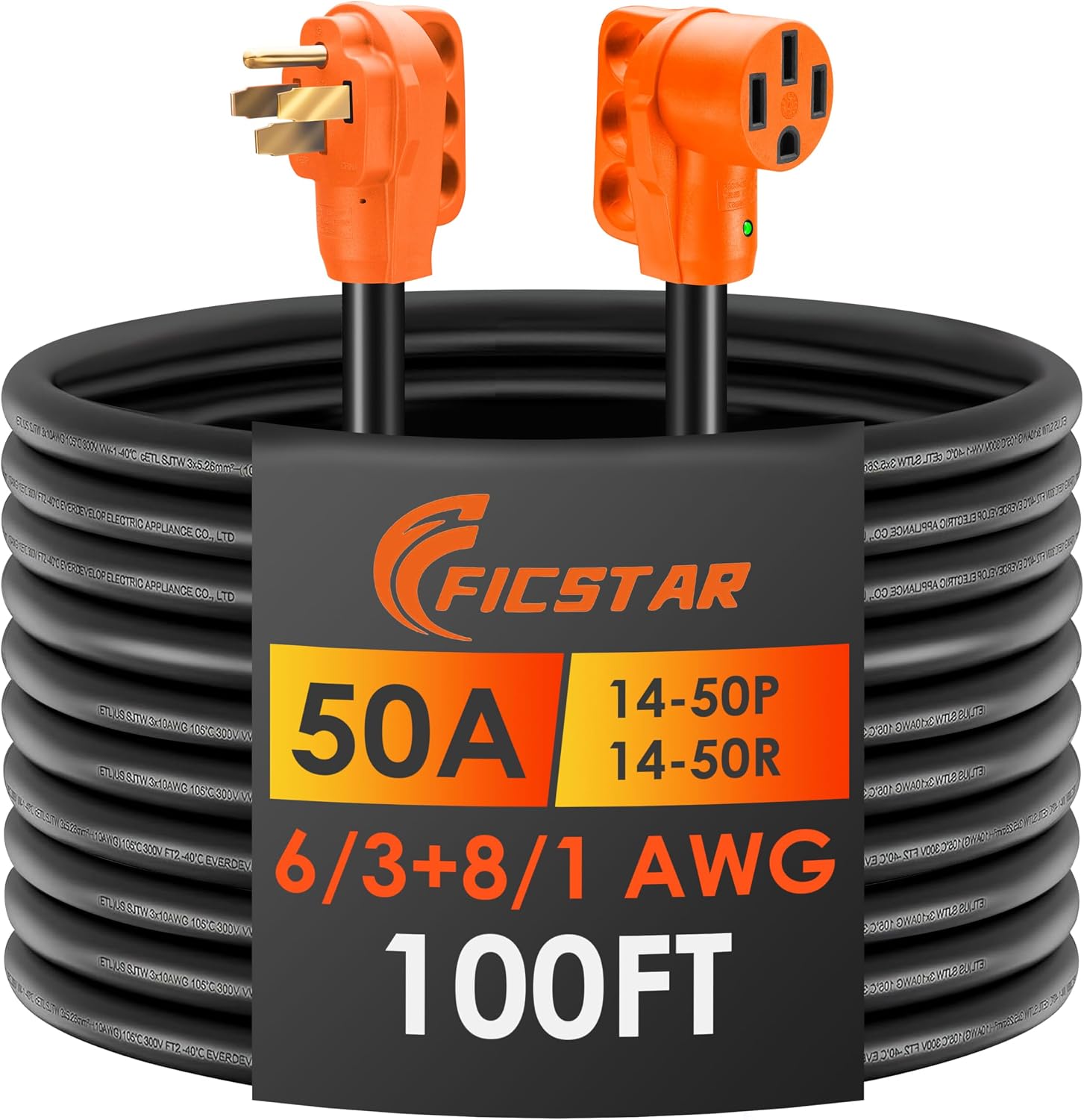 100FT 50 Amp RV Extension Cord Outdoor with Grip Handle, 125/250V, 12500W, 4 Prong, Heavy Duty 6/3+8/1 Gauge STW, NEMA 14-50P to 14-50R with LED Power Indicator & Polarity Lamp, UL&ETL Listed