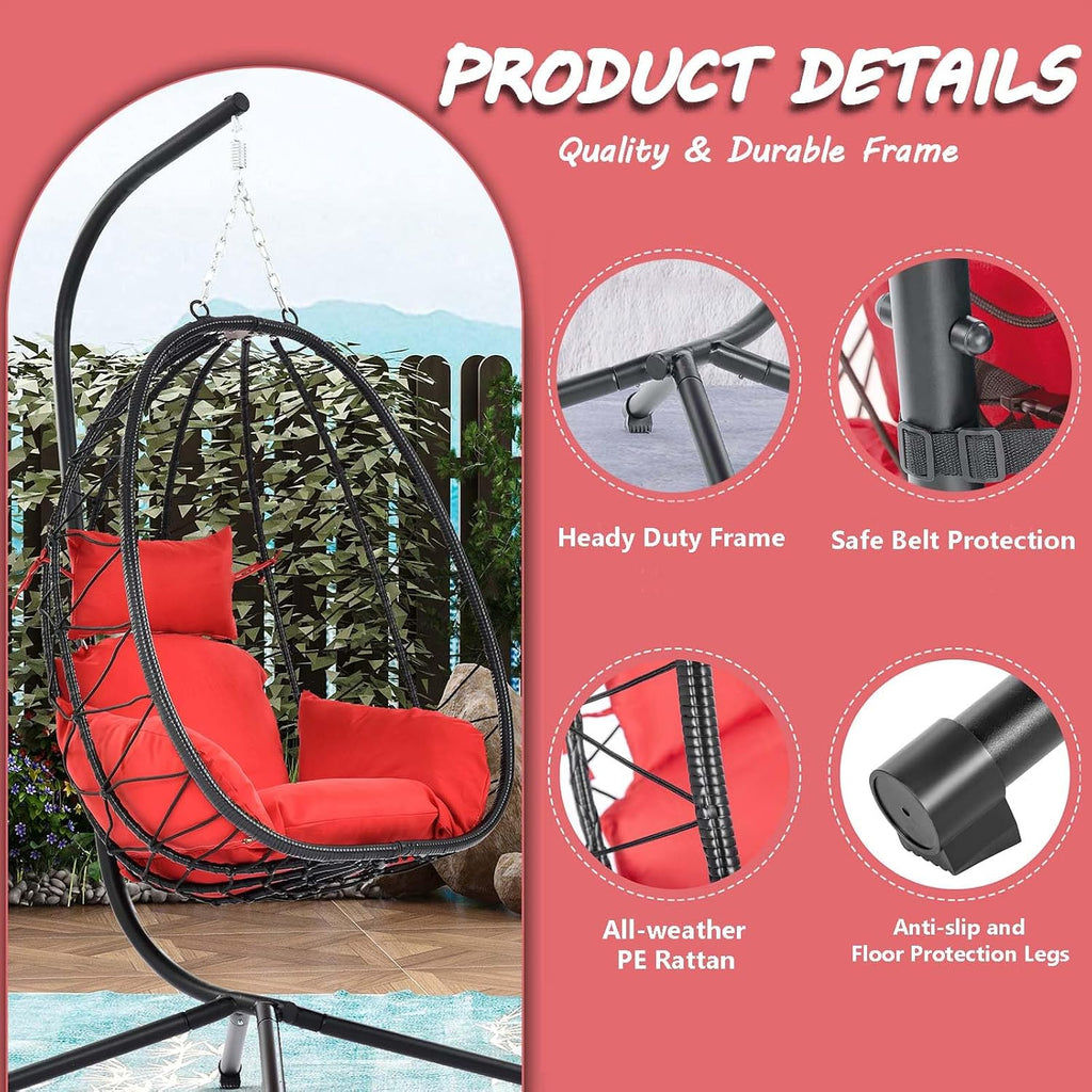 Hanging Egg Chair with Stand, Black Wicker Rattan Swing Egg Chair, Indoor Outdoor Swing Chair for Patio Balcony Porch Bedroom, 350 LBS Capacity (Red)