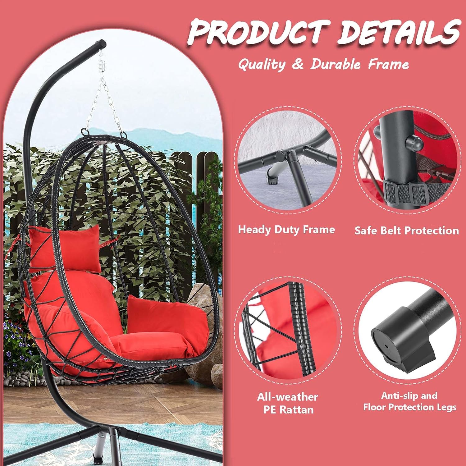Hanging Egg Chair with Stand, Black Wicker Rattan Swing Egg Chair, Indoor Outdoor Swing Chair for Patio Balcony Porch Bedroom, 350 LBS Capacity (Red)