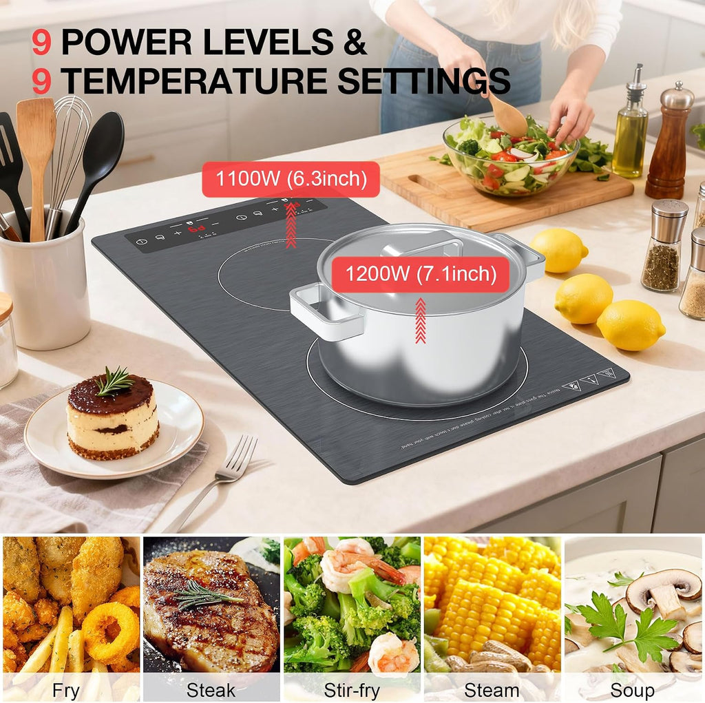 Double Induction Cooktop 110v-120v, GTKZW 2300W Electric Cooktop 20 inch Hot Plate Electric Stove Top with Plug in, Built-in and Countertop, 9 Power Levels, Timer & Safety Lock