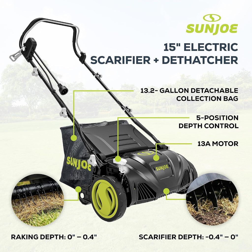Sun Joe 15-Inch Electric Powered Lawn Dethatcher with Scarifier Blade Reel and Collection Bag - 13-Amp Corded Yard Power Rake Tool Machine for Grass Thatch Removal, AJ805E