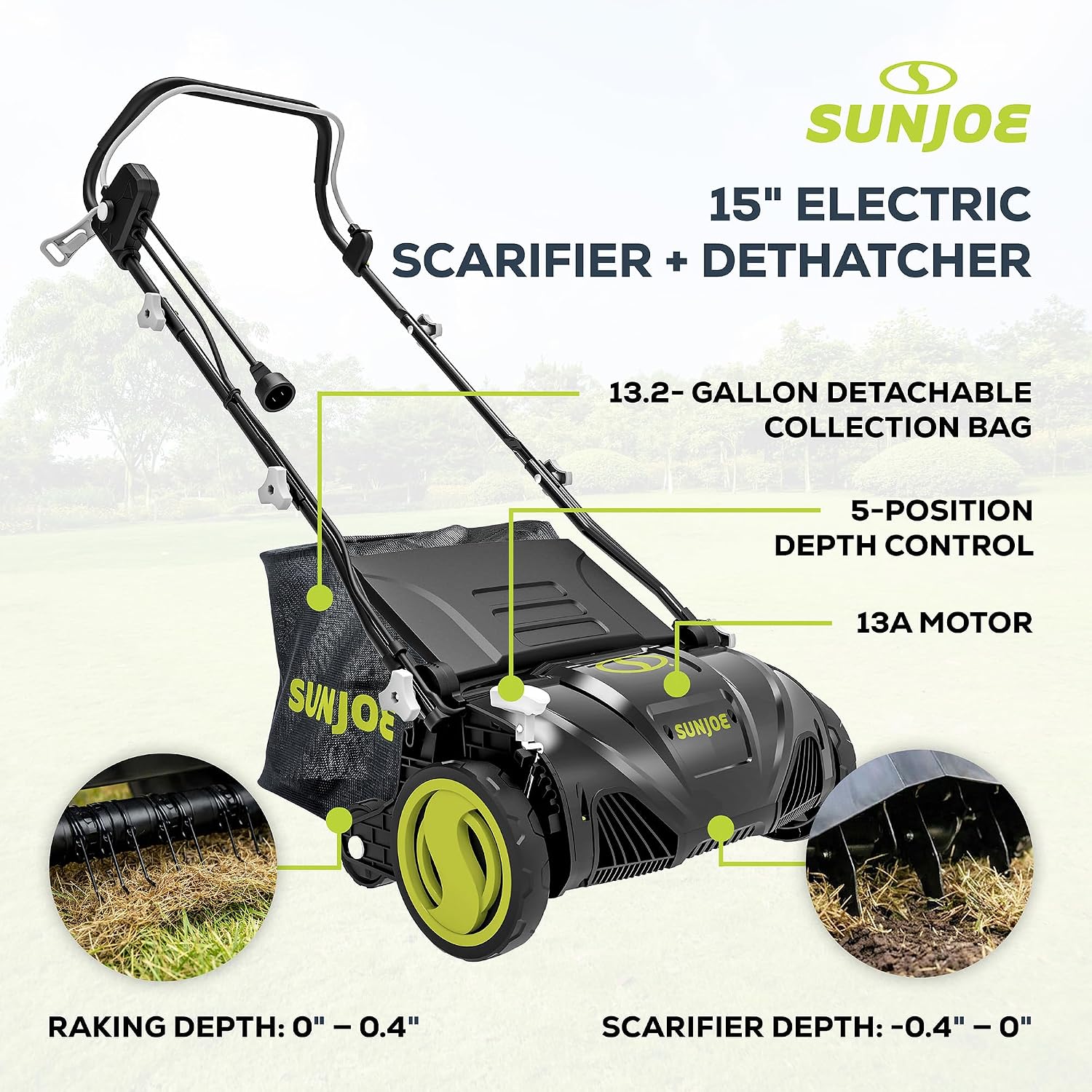 Sun Joe 15-Inch Electric Powered Lawn Dethatcher with Scarifier Blade Reel and Collection Bag - 13-Amp Corded Yard Power Rake Tool Machine for Grass Thatch Removal, AJ805E