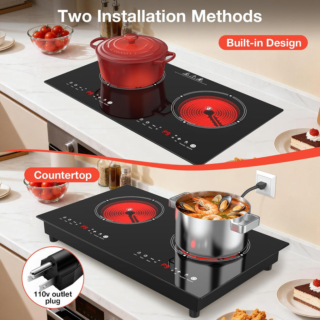 2 Burner Electric Cooktop 110V, 4000W Electric Ceramic Glass Stove Infrared Hot Plate for Cooking, 24 inch Portable Countertop & Built-in Burner, Child Lock, Timer, Touch Control, for Home Dorm Office
