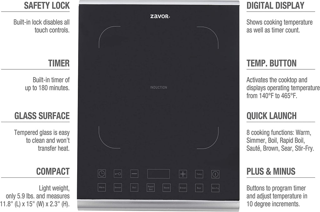 Zavor PRO Portable Induction Cooktop, Magnetic Countertop Burner with 8 Pre-sets and 325°F Temperature Range, 1800W, Black (ZSEPR01)