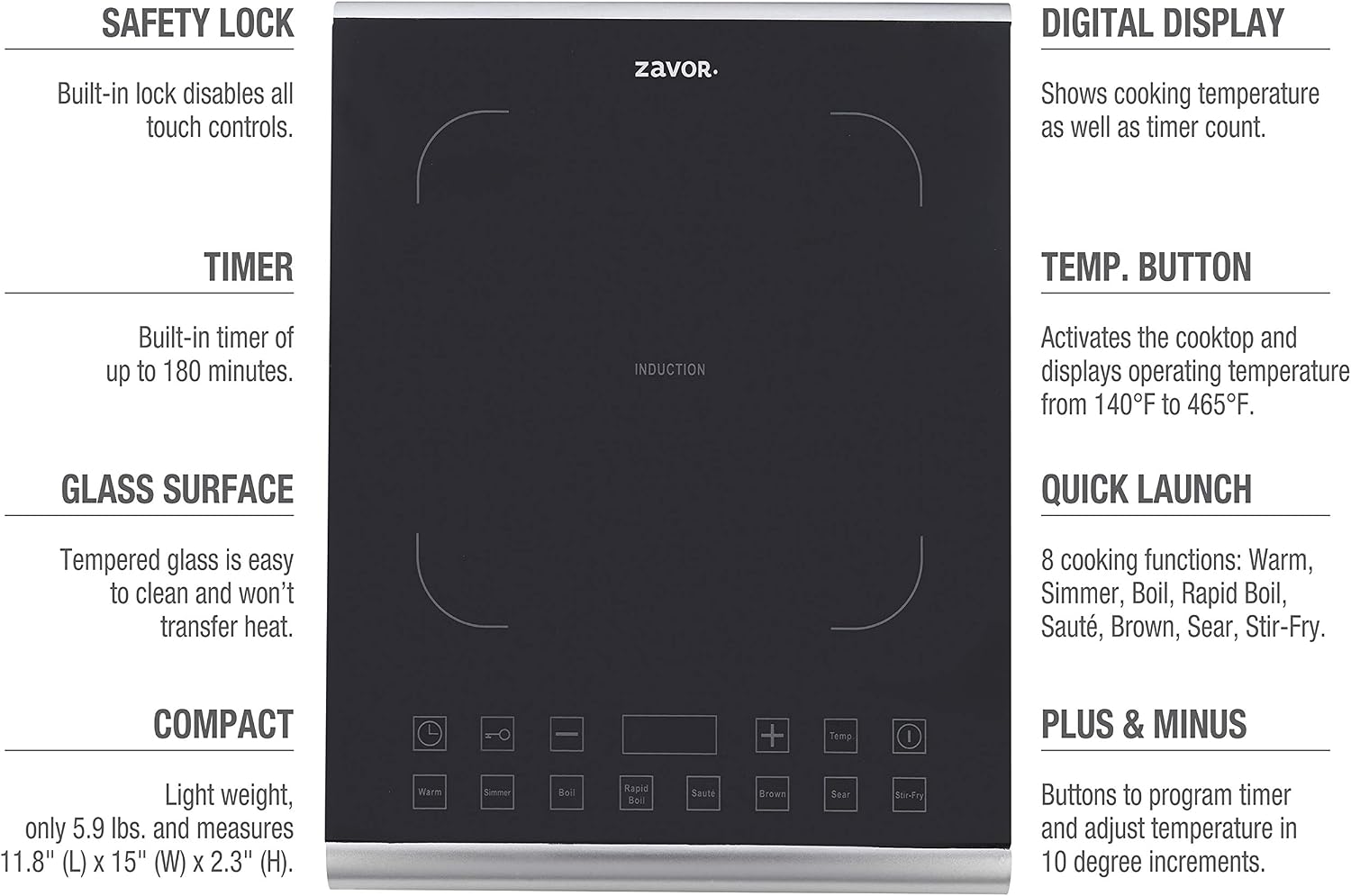 Zavor PRO Portable Induction Cooktop, Magnetic Countertop Burner with 8 Pre-sets and 325°F Temperature Range, 1800W, Black (ZSEPR01)