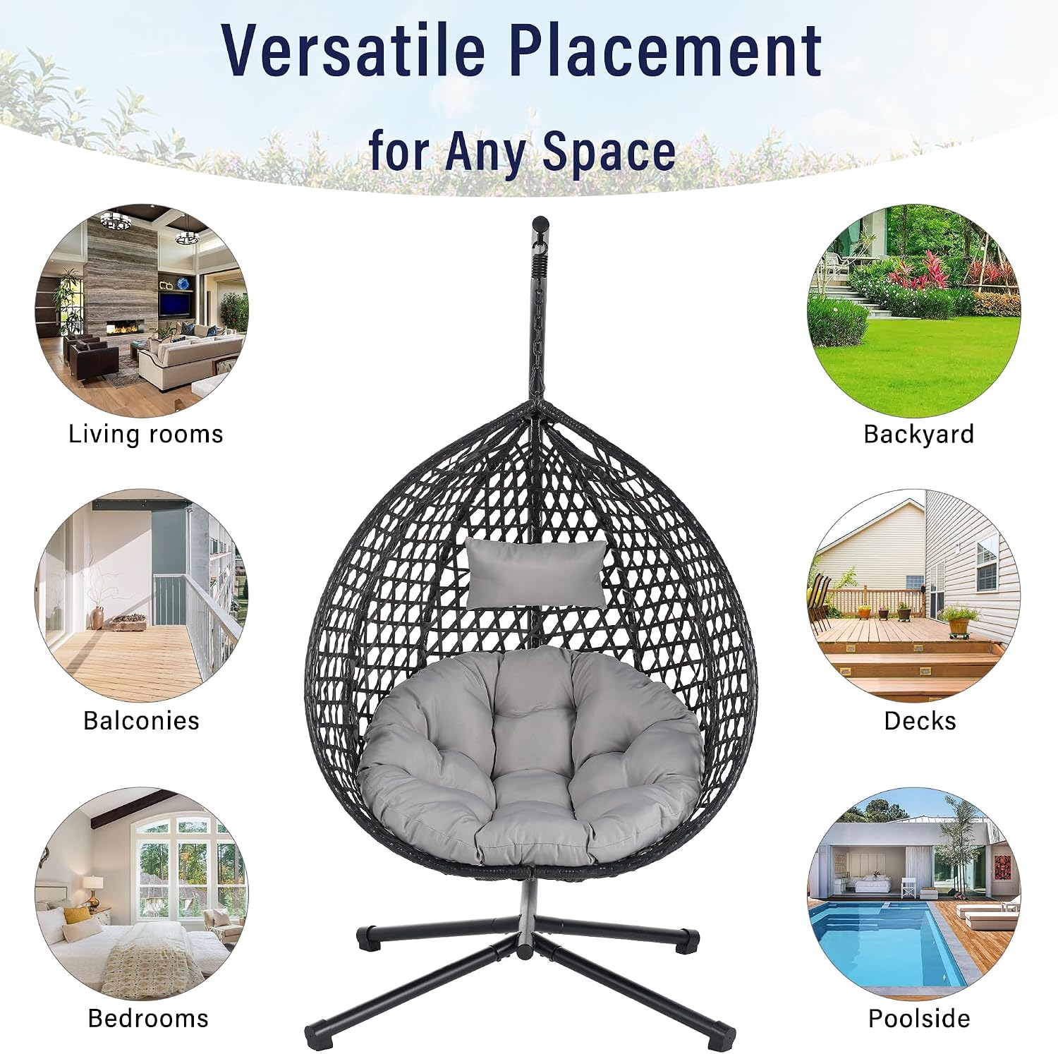 Single Hammock Chair with Stand Durable Hanging Egg Chair with Rattan Weaving, Indoor Outdoor Swing Chairs with Soft Removable Cushion for Balcony, Bedroom, Patio, or Garden, Black+ Grey