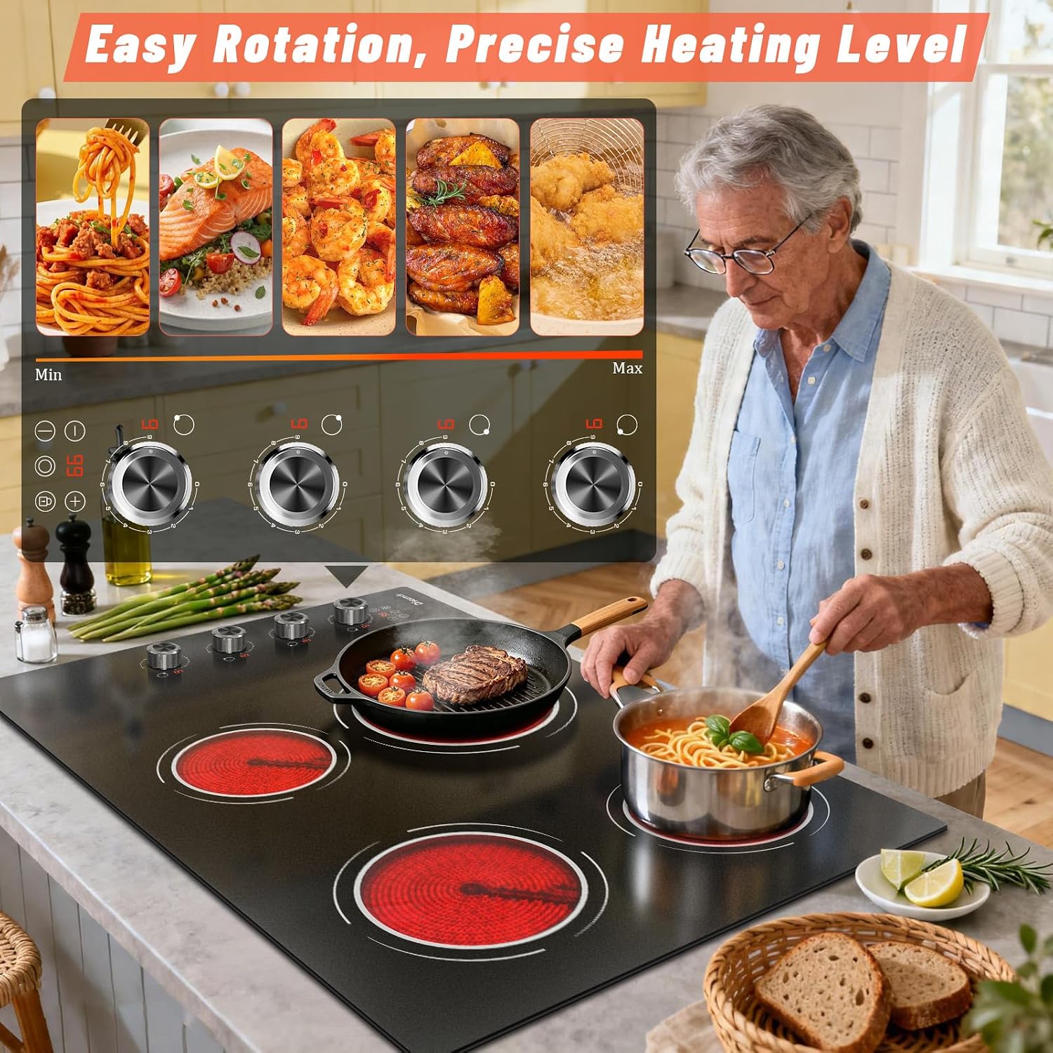 30 Inch Electric Cooktop 4 Burner - Built-in(29.13'x19.3') Ceramic Stovetop 6700W, 30' Electric Cook Top with Timer, Safety Lock, Pause, Dual Ring, 220V - 240V Hard Wired (Black-Sliver Knob)