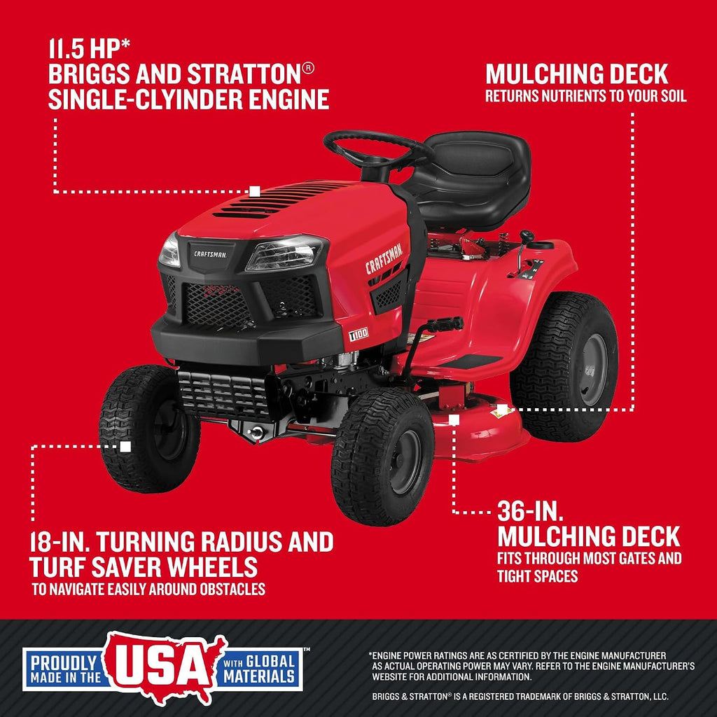 CRAFTSMAN 36' Gas Riding Lawn Mower with 11.5 HP* Briggs and Stratton Single-Cylinder Engine, Gas Lawn Tractor with 7-Speed Transmission, Red/Black (13AC77XYA93)