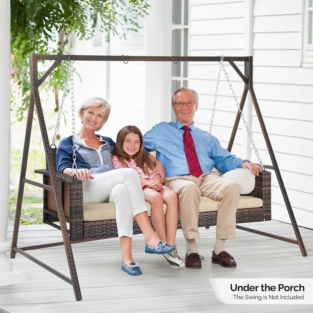 VINGLI Outdoor Wicker Porch Swing With Stand - Heavy Duty 800 LBS Rattan Hanging Set With Cushions, 4FT for Yard, Garden, Lawn, Brown
