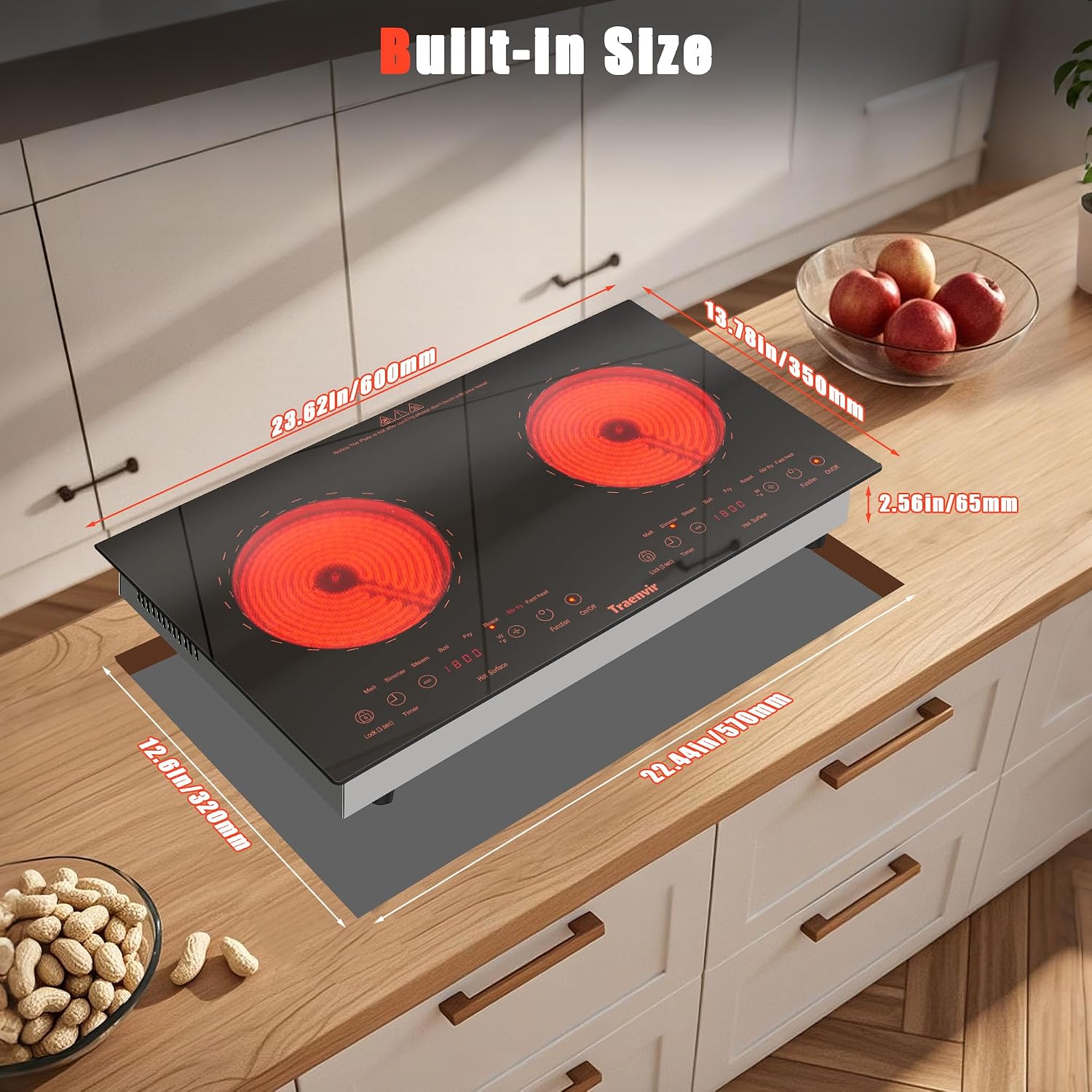 2 Burner Electric Cooktop, Two Burner Electric Stove 24 Inch, 2000W Countertop & Built-in Ceramic Cooktop for Camping, Outdoor, Child Lock, Timer, 8 Power Levels, 110V-120V Plug in, Orange