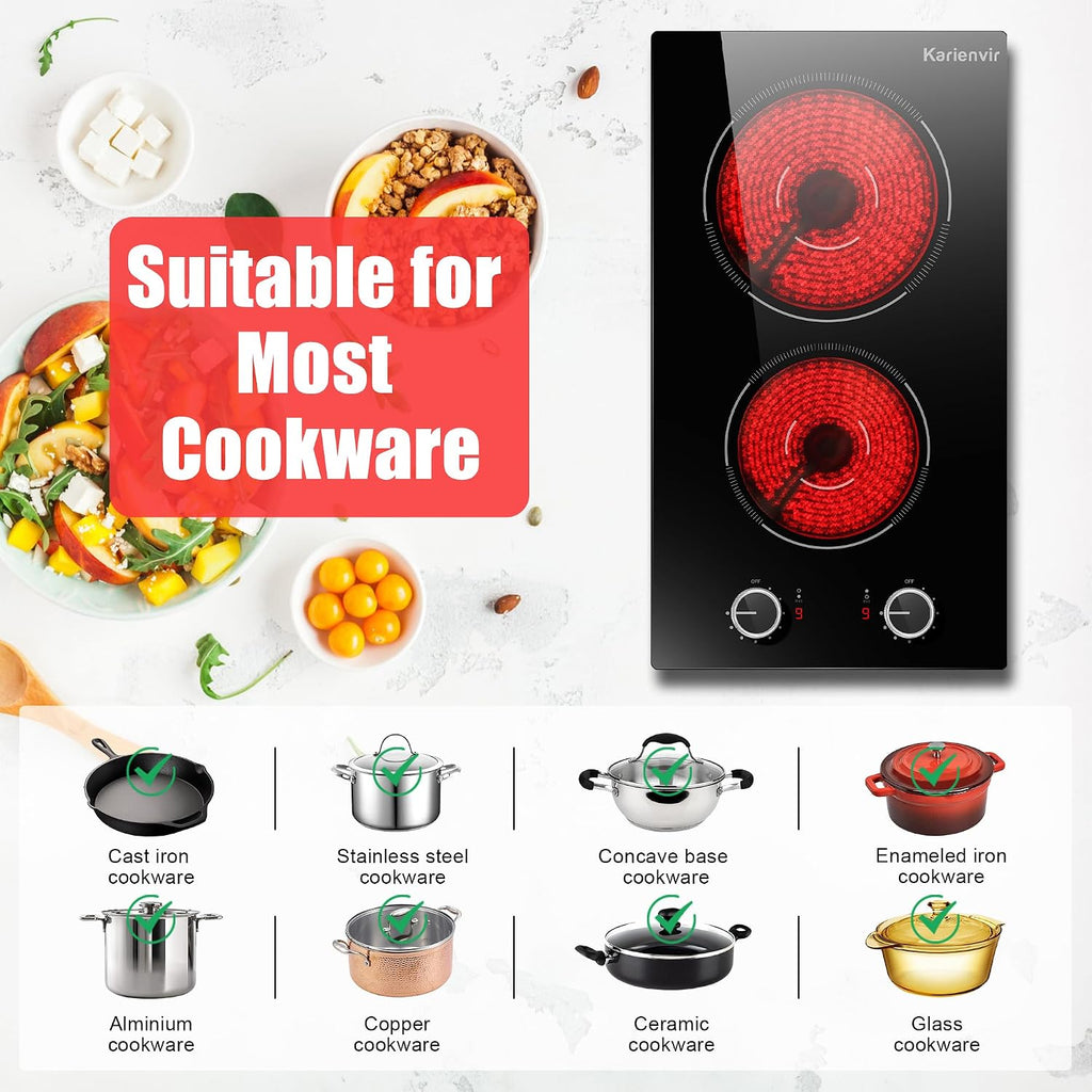 2 Burner Electric Cooktop, 12 Inch Countertop & Built-in Electrical Stovetop, 110V Electric Stove with Plug, Knob Control, 9 Power Level, 2000W(1400W+600W)