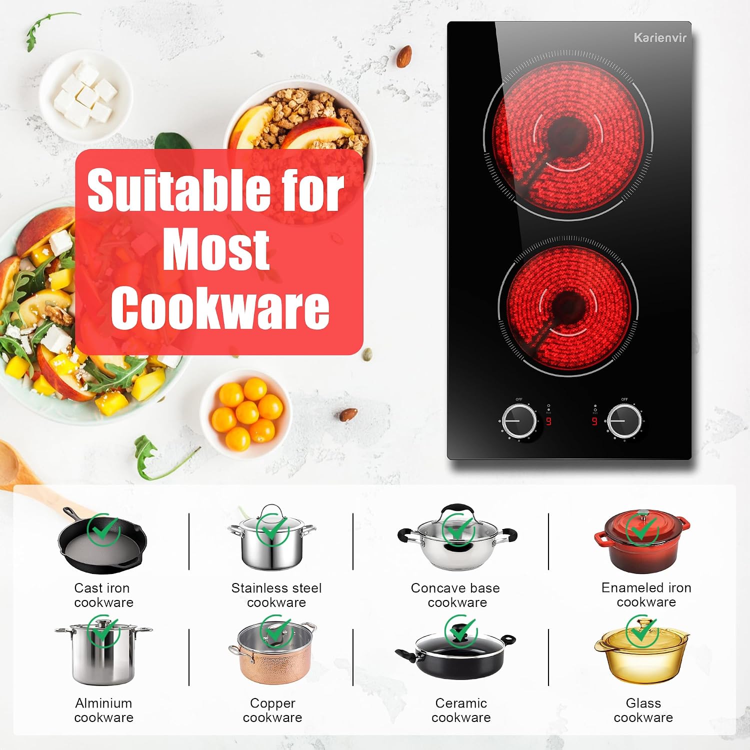 2 Burner Electric Cooktop, 12 Inch Countertop & Built-in Electrical Stovetop, 110V Electric Stove with Plug, Knob Control, 9 Power Level, 2000W(1400W+600W)