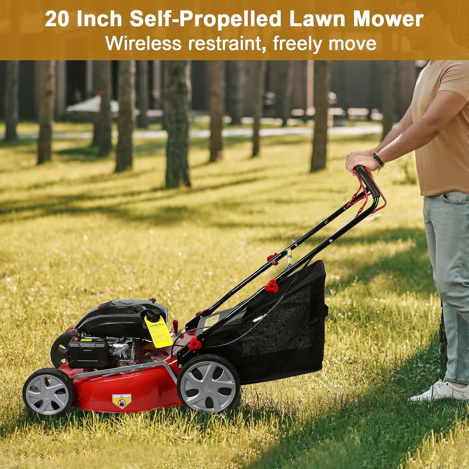 Self Propelled Gas Lawn Mower,141cc OHV Engine with Air Cooling, 20' Steel Deck, 3-in-1 Cutting System, 8-Level Height Adjustment, 20L Grass Catcher, Foldable Design Red (US Fast Arrival)