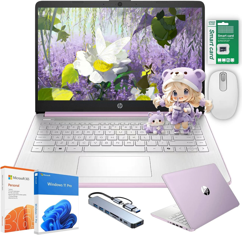 HP Ultra Thin 14' Laptop with Copilot, Intel Quad-Core N150, 16GB RAM, 384GB(128GB eMMC+256GB SD Card) • HUB • Mouse, Windows 11 Pro, 1-Year Office 365, Lightweight Purple Notebook for Work & School