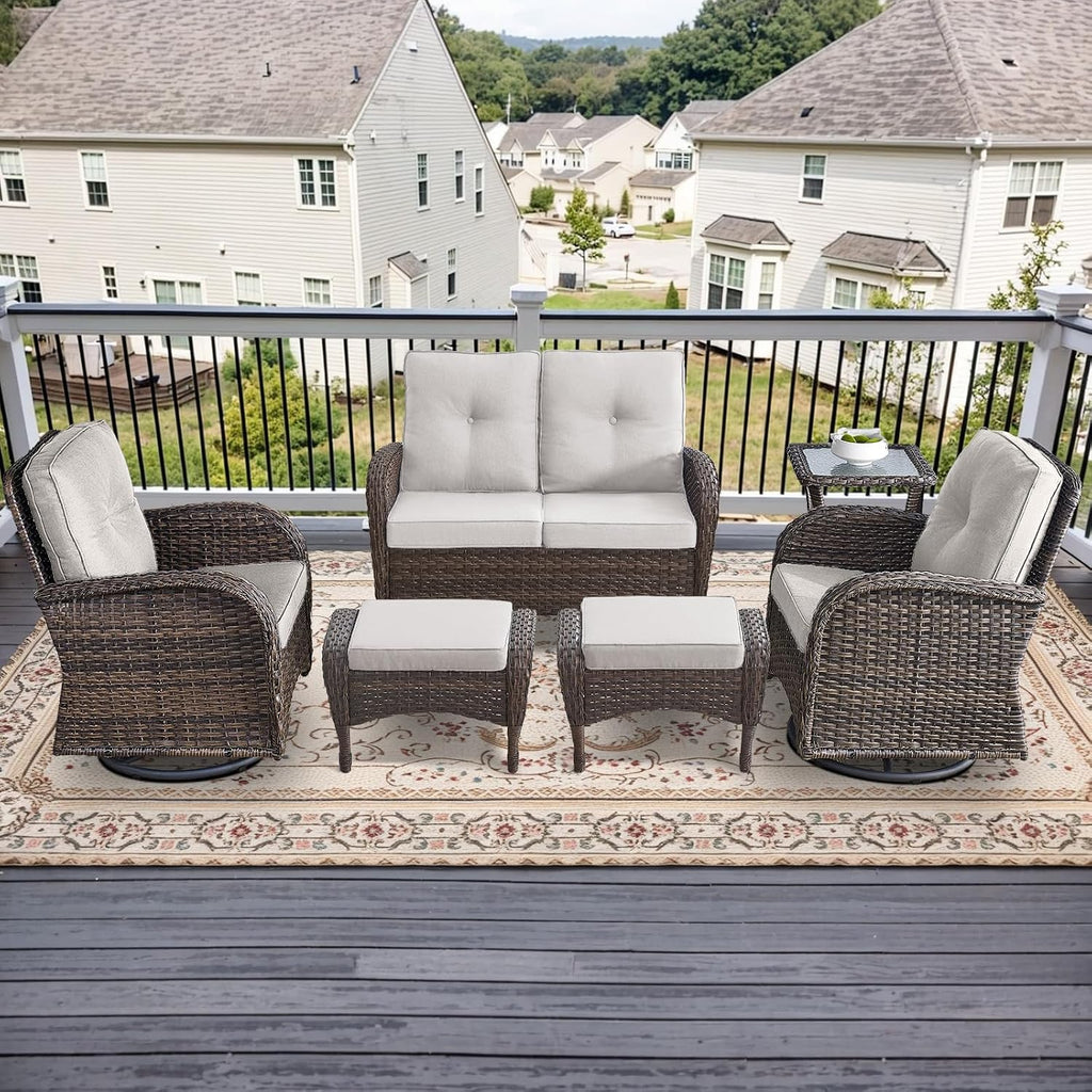 Outdoor Swivel Glider Rocker Chairs Set- 6 Piece Patio Furniture Set with A Glider Loveseat, Tempered Glass Side Table and 2 Ottoman, for Balcony, Porch - Brown Wicker, Beige Cushion