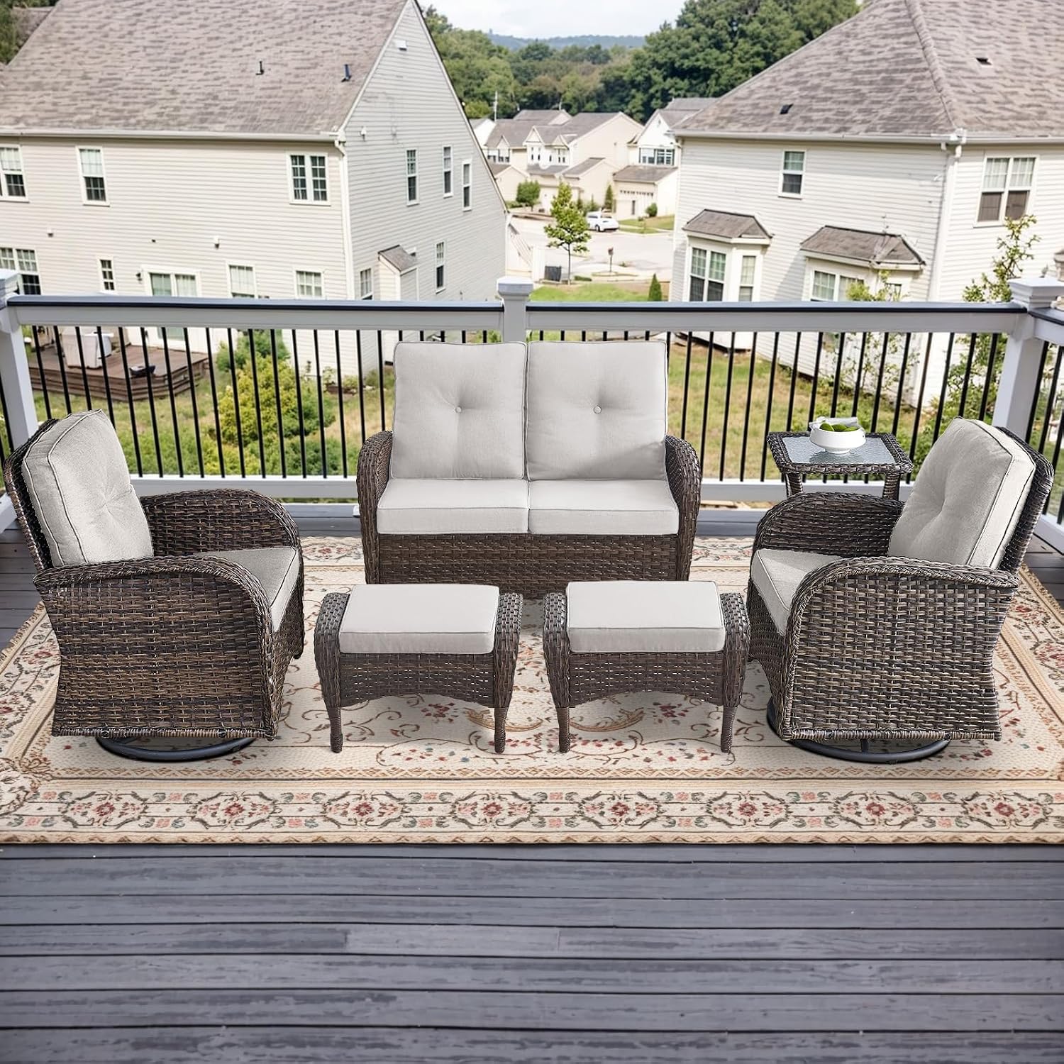Outdoor Swivel Glider Rocker Chairs Set- 6 Piece Patio Furniture Set with A Glider Loveseat, Tempered Glass Side Table and 2 Ottoman, for Balcony, Porch - Brown Wicker, Beige Cushion