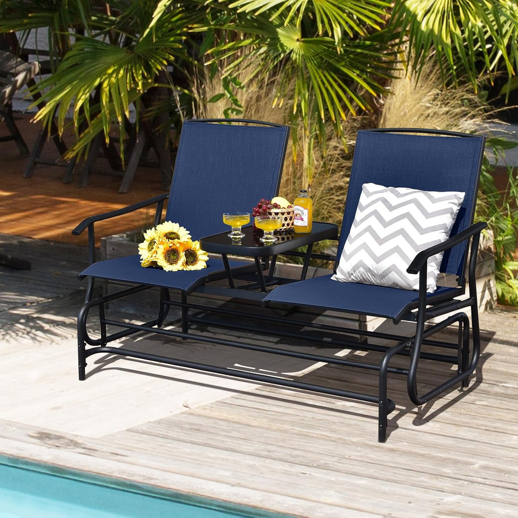 Tangkula 2 Person Swing Glider Chair, Patio Rocking Loveseat w/Center Tempered Glass Table, Outdoor Swing Bench w/Steel Frame & Breathable Mesh Fabric for Porch, Balcony, Poolside (Navy)