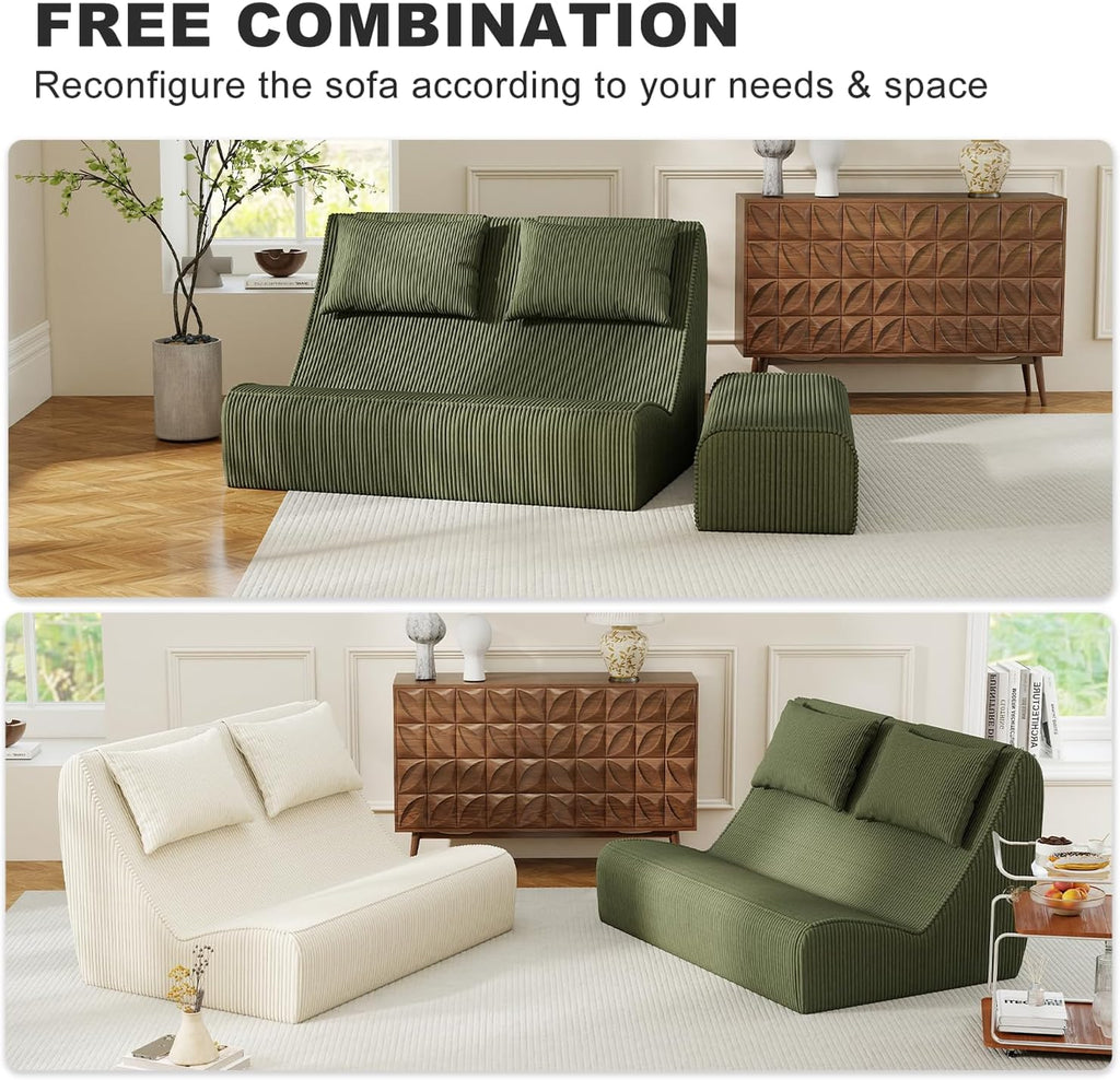 Giant Bean Bag Chair for Adults - Indoor Chaise Lounge with Pillows & Ottomans, Upholstered Loveseat Floor Sofa Chair for Reading, Gaming, Napping, and Movies (Olive Green)
