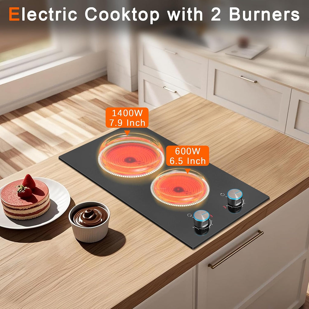 2 Burner Electric Cooktop 120V, 12 Inch Stove Top Burner 2000W, Double Burner Electric Stove with Knob Control, 9-Level Heat, Overheat Protection, High-Temp Alarm, 120V UL Plug