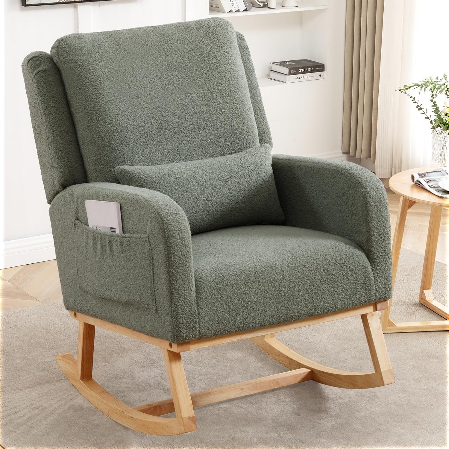 HCHAIRH Rocking Chair Nursery, Teddy Nursing Rocking Chairs, Upholstered Nursery Glider Rocker for Mom Nursery Morden Accent Rocking Chair with Lumbar Pillow for Living Room,Bedroom, Green