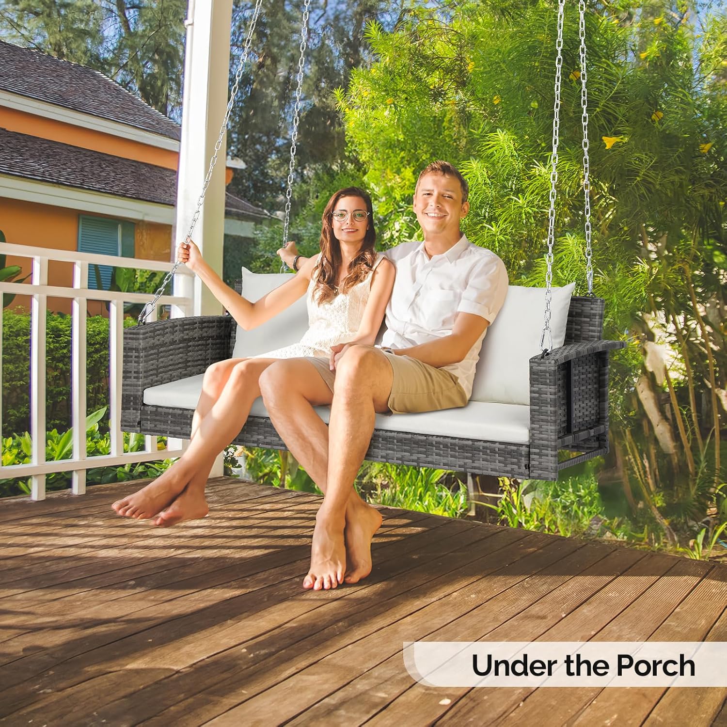 VINGLI Rattan Porch Swing, Heavy Duty 800 LBS Outdoor Hanging Seat with Extra Cushion and Adjustable Chain, the Porch Swing Seat Made by Wicker Suits for Garden, Yard, Lawn (Grey, 5 FT)