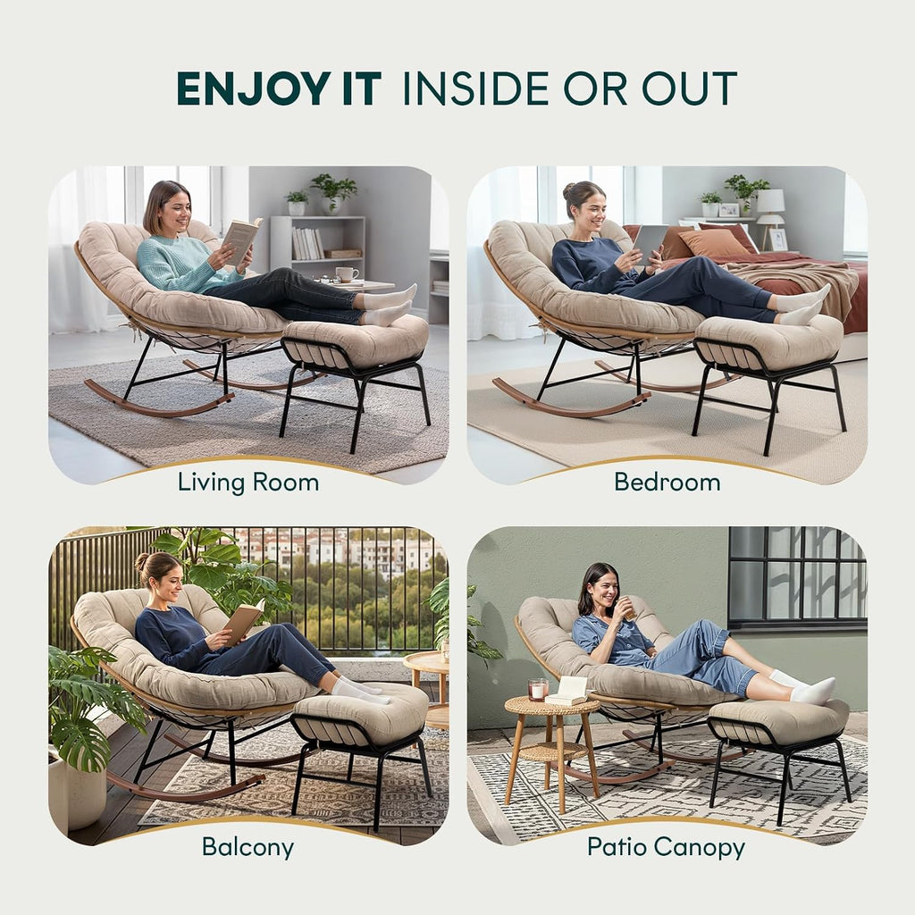 Bme Outdoor and Indoor Patio Rocking Chair with Ottoman, Wood Texture Rocker with Beige Cushion, 7'' Thick, 400lbs Capacity, Sturdy Construction, Ergonomic Design, Quick Assembly, Floor ensureor