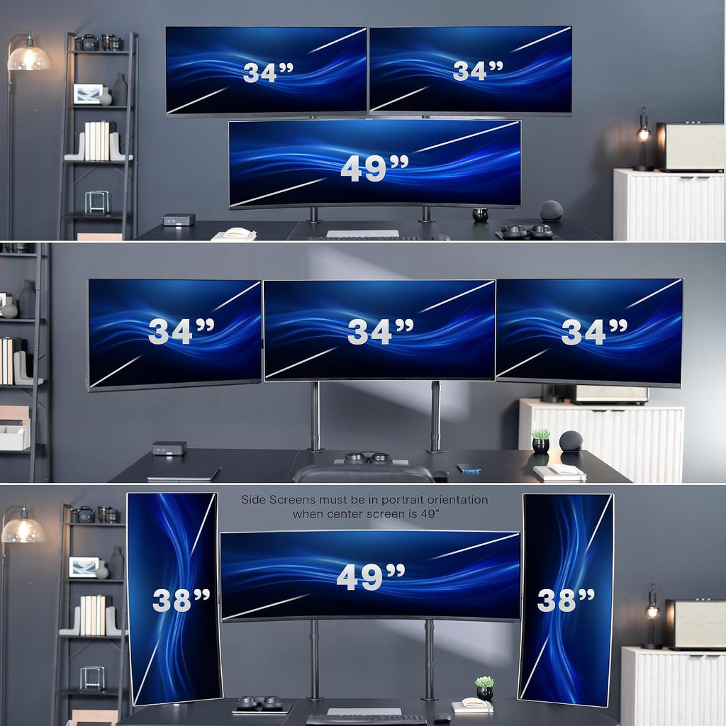 VIVO Clamp-on Dual Pole Triple Monitor Desk Mount for 1 Center Utrawide up to 49 inches and 59.4 lbs, 2 Side Screens up to 38 inches and 17.6 lbs, Low Profile Adjustable Stand, Black, STAND-V300CU