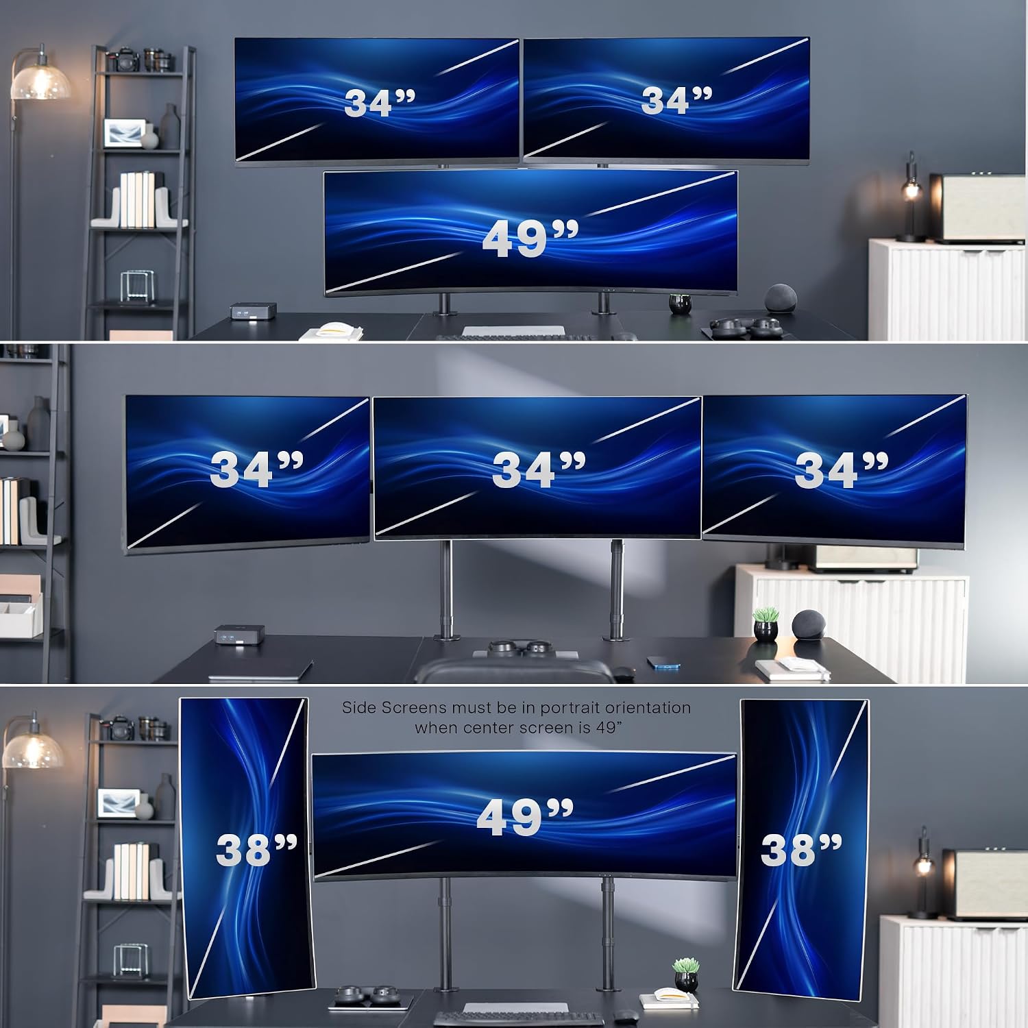 VIVO Clamp-on Dual Pole Triple Monitor Desk Mount for 1 Center Utrawide up to 49 inches and 59.4 lbs, 2 Side Screens up to 38 inches and 17.6 lbs, Low Profile Adjustable Stand, Black, STAND-V300CU
