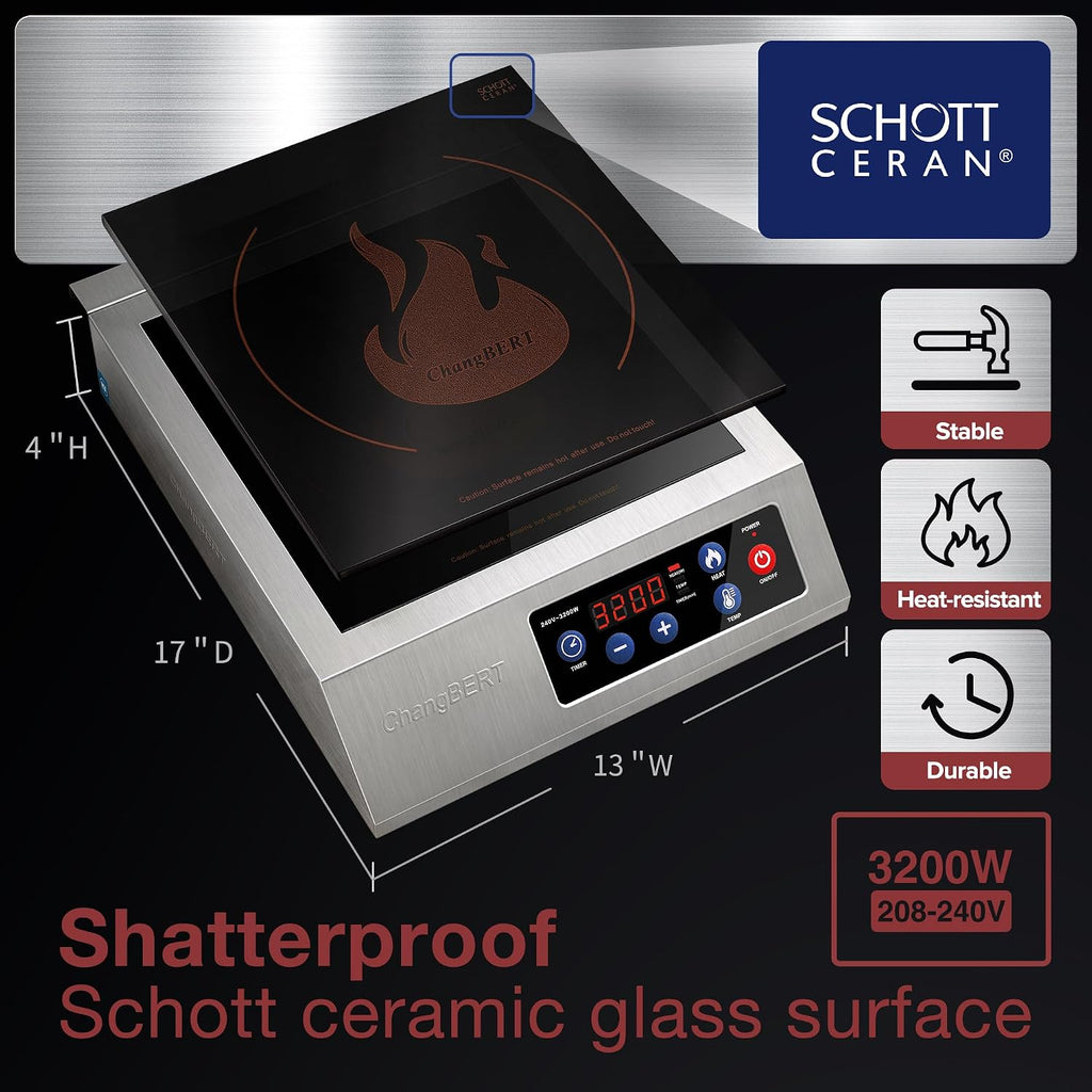 ChangBERT Portable Induction Cooktop 208-240V 3200W NSF Certified Commercial Range Countertop Burner Pro Chef Professional Hot Plate High Power Premium Stainless Steel Housing Schott Glass