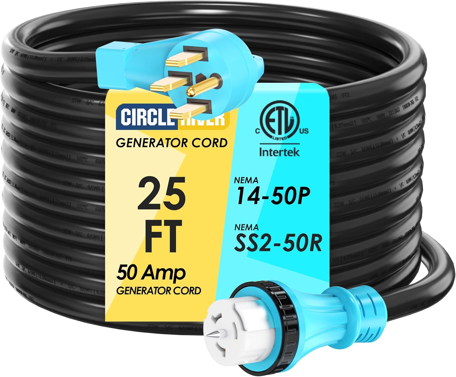 50 Amp 25 Feet Generator Extension Cord, NEMA 14-50P Male to SS2-50R & CS6364 STW 6/3+8/1 AWG 125/250V Generator Power Cord Twist Lock Connectors for Generator to House