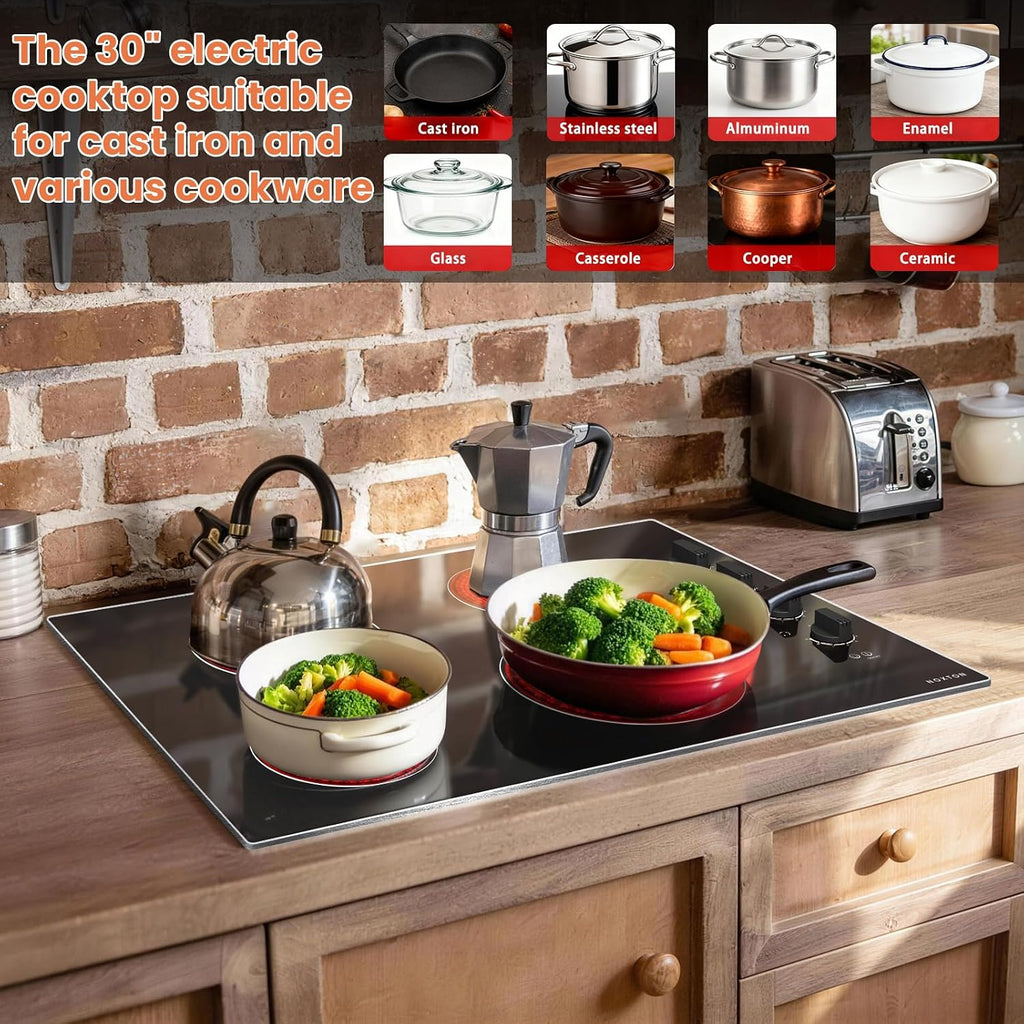 Noxton 30 Inch Electric Cooktop, 4 Burner Ceramic Cooktop with Glass Protection Metal Frame & Knob Control, Built-in Radiant Stove Top, Dual Ring Expandable Burner, 240V Hardwired for Seniors