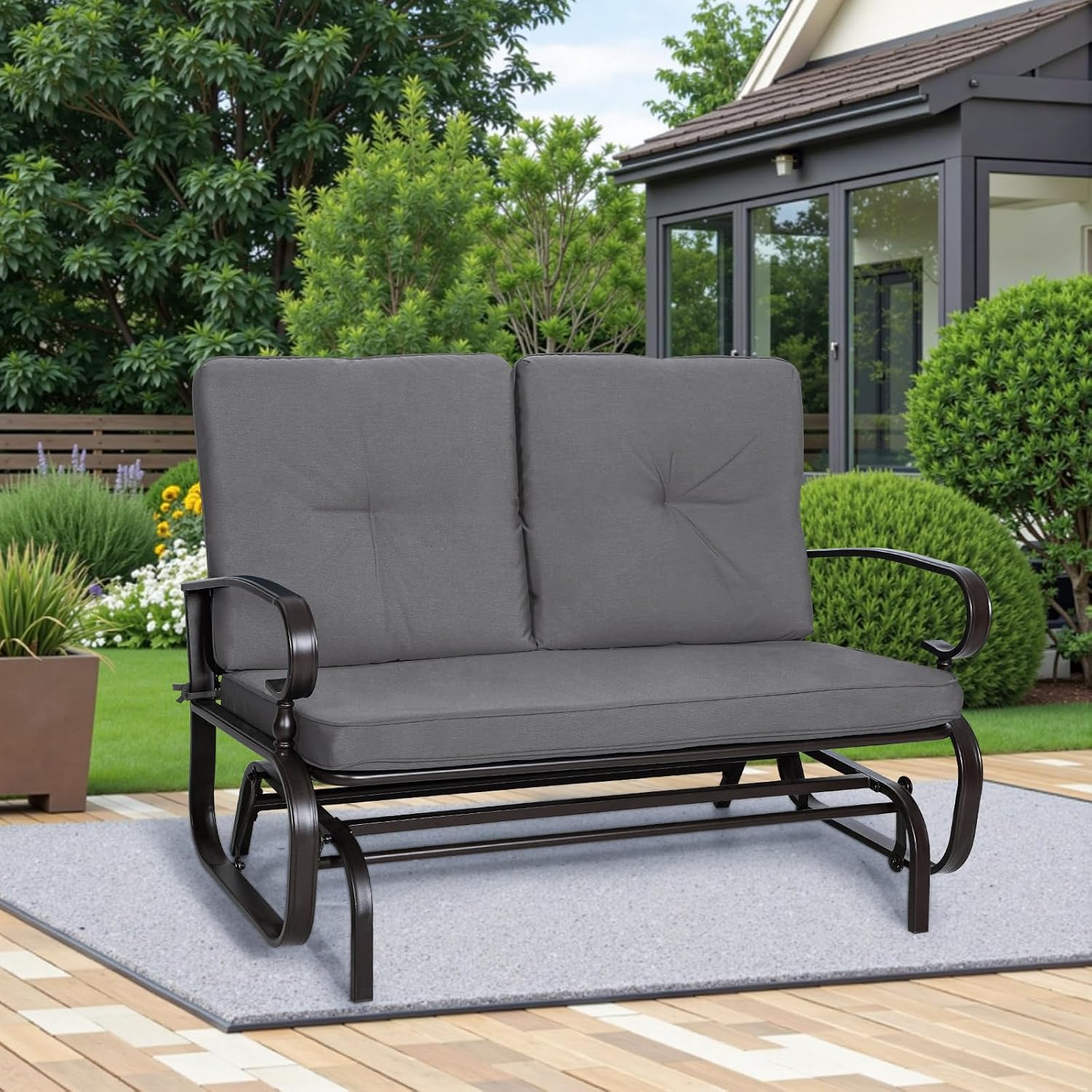 Incbruce Outdoor Textilene Glider Rocking Chair Patio Glider Bench for 2 Person, Porch Loveseat Seating Patio Steel Frame Chair Set with Cushion for Porch, Patio, Garden (Grey)
