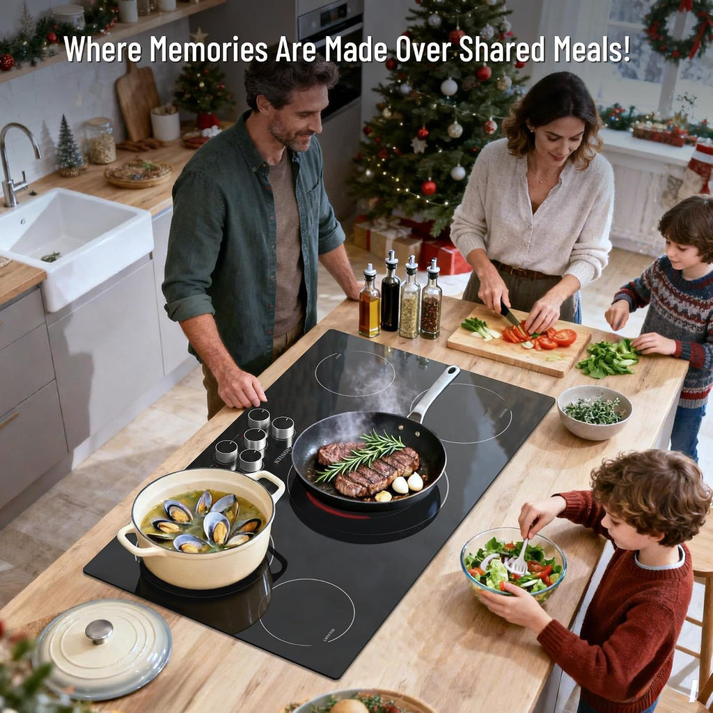 Electric Cooktop 36 Inch 240V,Built-in Electric Stove Top 5 Burners,Knob & Touch Control,9 Power Levels, 500W Warmer,Multiple Safety Protection,Dual-ring Burner,9000W,Hard Wire