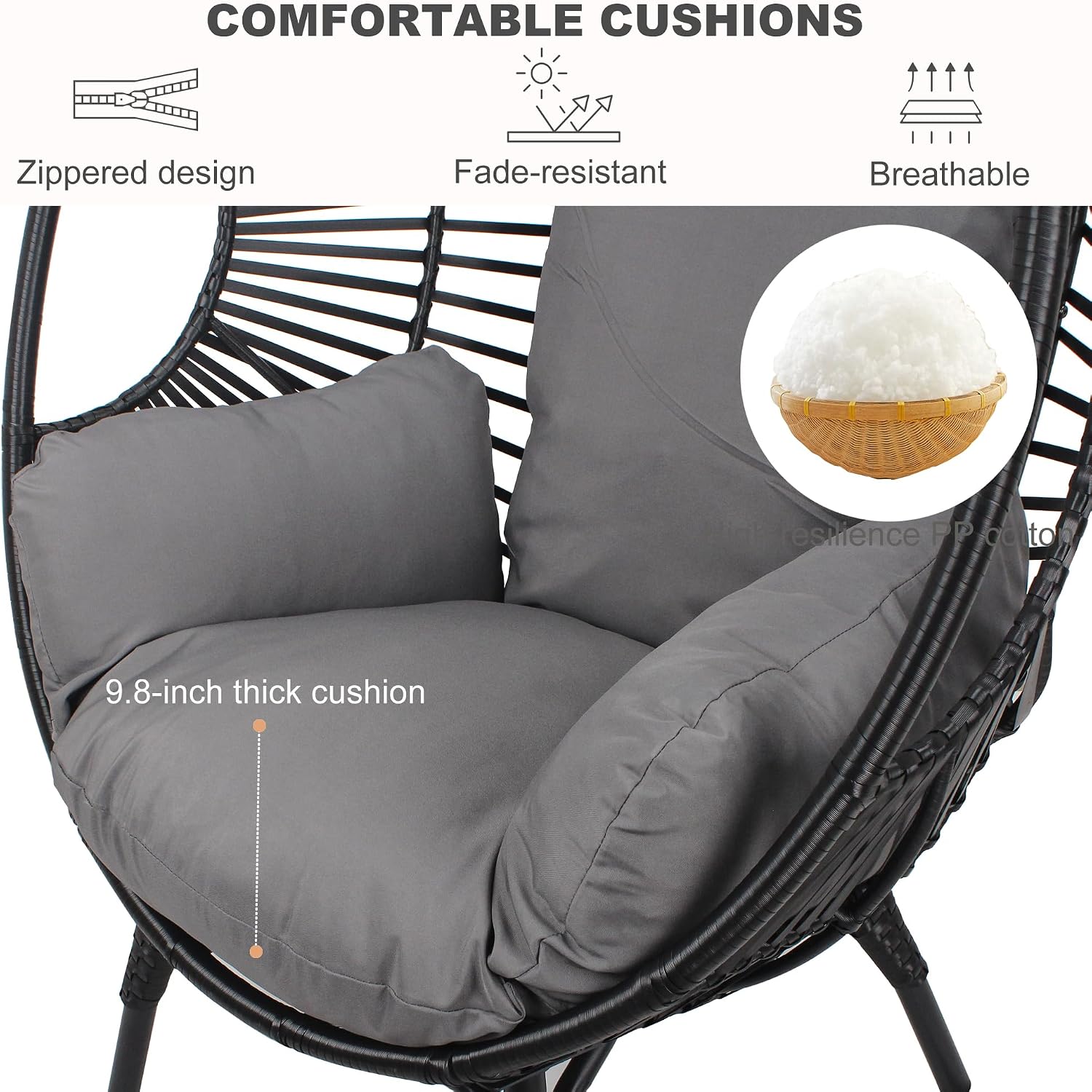 Oversized Wicker Egg Chair, Outdoor Indoor Rattan Patio Egg Lounge Chairs with Cushion 500lbs Capacity for Living Room, Balcony, Backyard(Black)