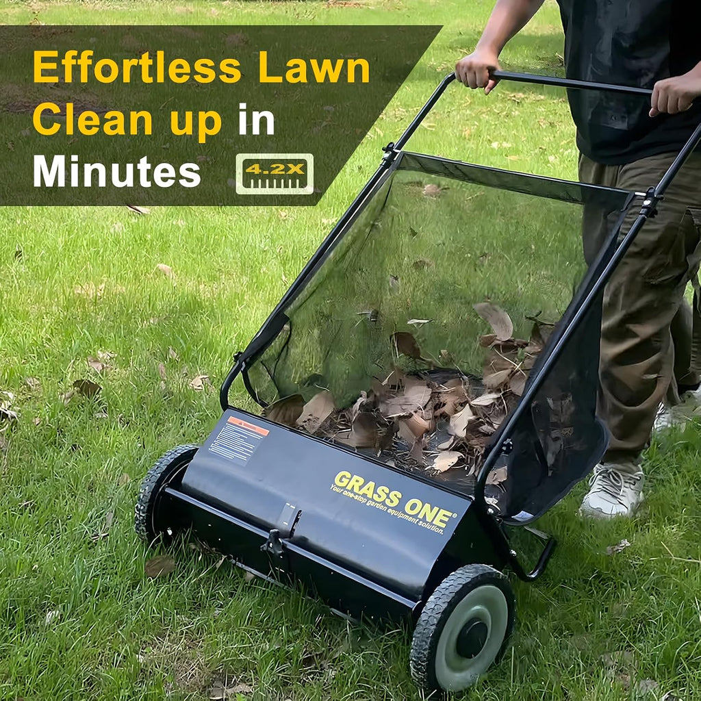26 Inch Push Lawn Sweeper, Leaf and Grass Collector with 7 Cu.Ft Mesh Bag, 4 Spinning PP Brushes, Durable Steel Construction, Adjustable Height & Rubber Tires for Yard Cleanup