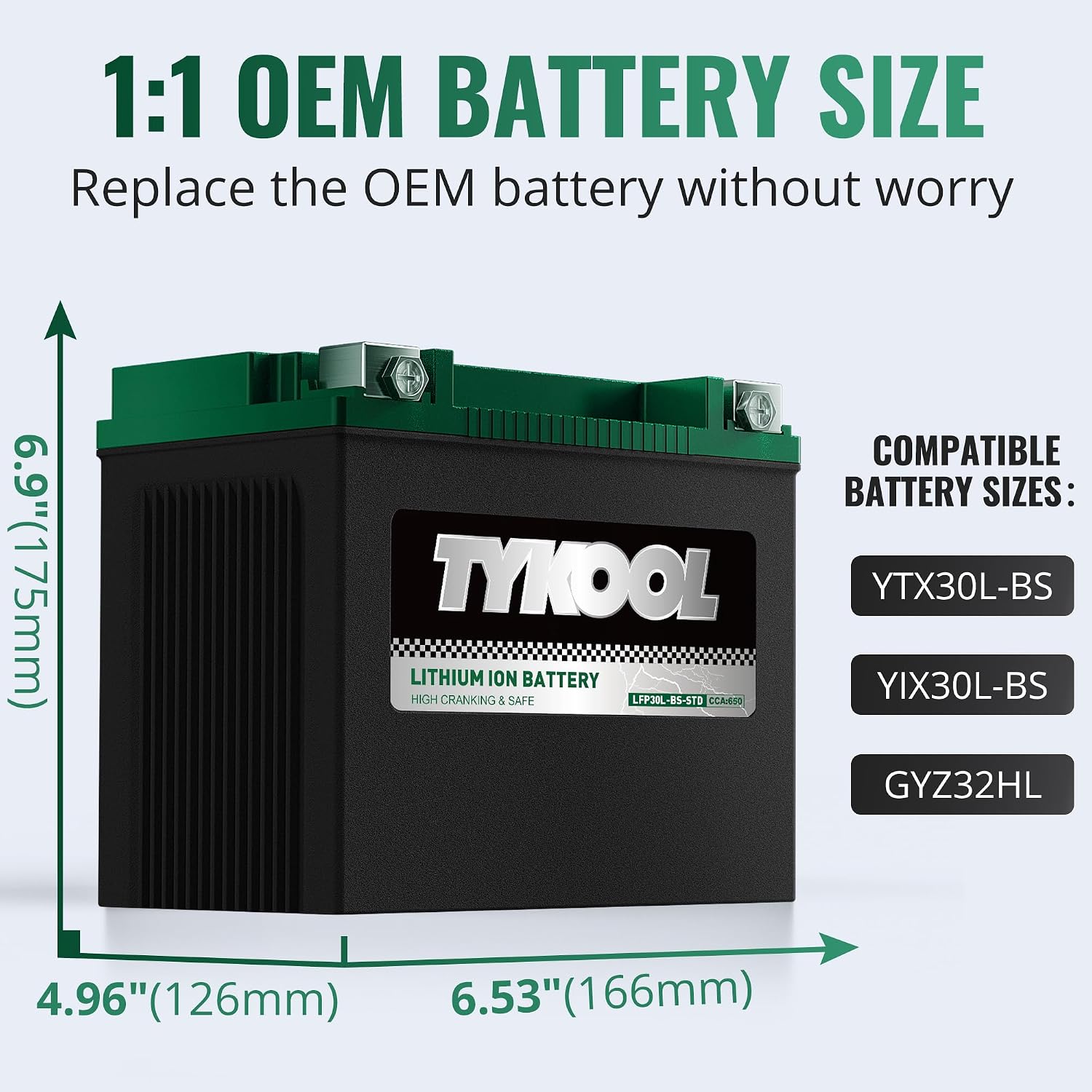 TYKOOL LFP30L-BS-STD 12V Lithium Battery, Replaces YTX30L-BS, 650CCA Fits for ATV UTV Motorcycle PWC, Compatible with Benelli 900cc Polaris Ranger 500 700 800 Sea-Doo GTX GTI, Digital Readout [- +]