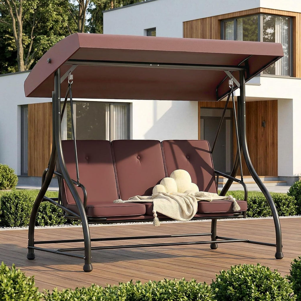 3 Seat Outdoor Porch Swing with Stand, 760 lbs Capacity Heavy Duty Patio Glider Swings for Adults, Convertible 2 in 1 Patio Swings Bed with Adjustable Canopy & Thick Cushions for Garden Yard
