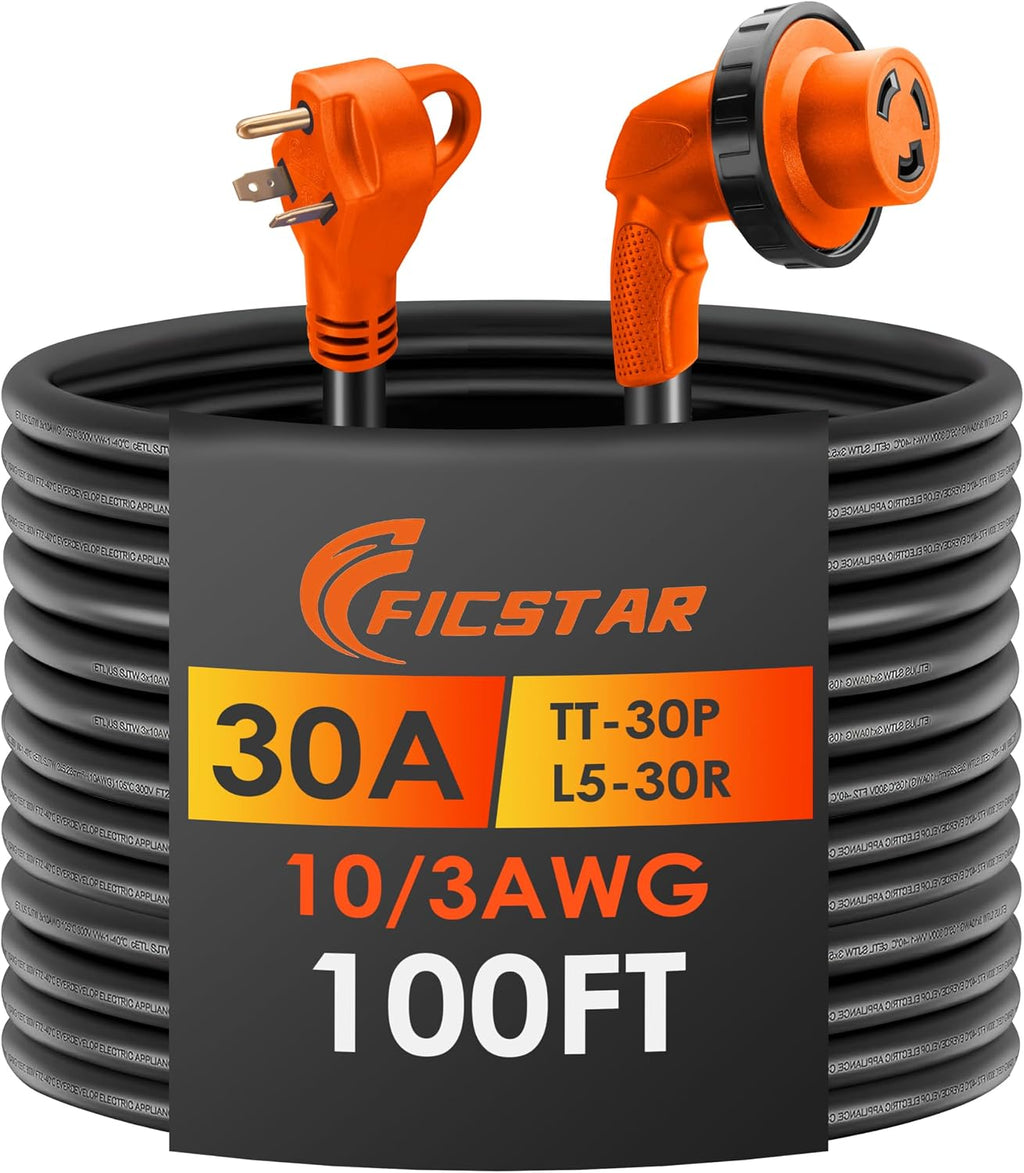 30 Amp RV Extension Cord,100 ft,Heavy Duty Generator Extension Cord with LED Power Indicator,30 AMP Female 90° Twist Lock Adapter with Reverse Polarity Lamp,NEMA TT-30P to L5-30R,120V/125V