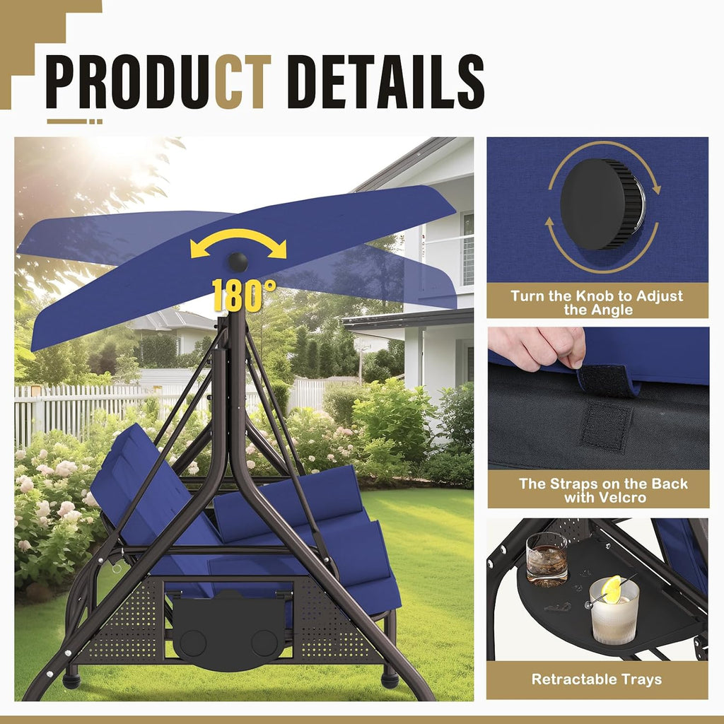 Betterland 3-Seat Patio Swing Chair, Outdoor Porch Swing with Cushions,Pillows & Cup Holders, Adjustable Canopy Outside Bench Swing for Porch，Backyard,Garden(Blue)
