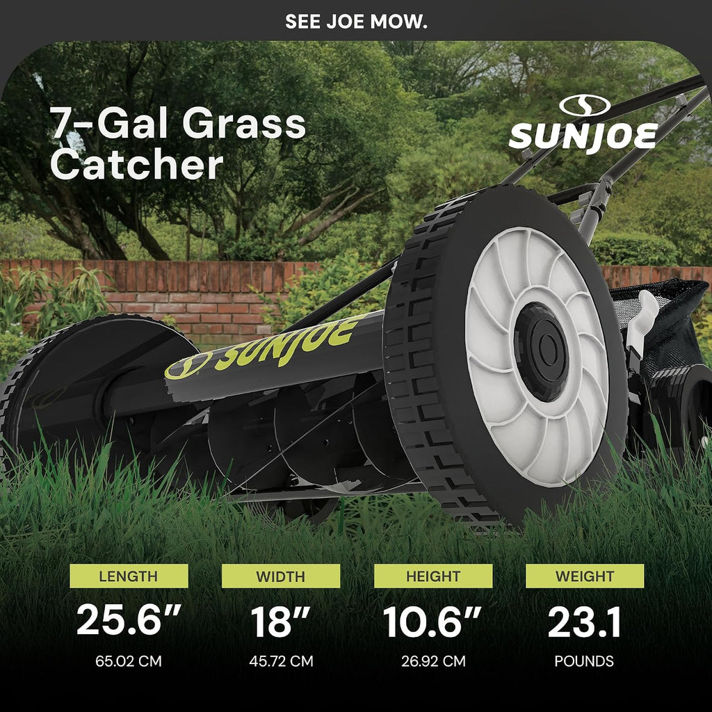 Sun Joe MJ501M w/ 7-Gallon Detachable Grass Catcher, 9-Position Height Adjustment, 5 Steel Blades, Compact Design, 18-Inch Manual, Green/Black