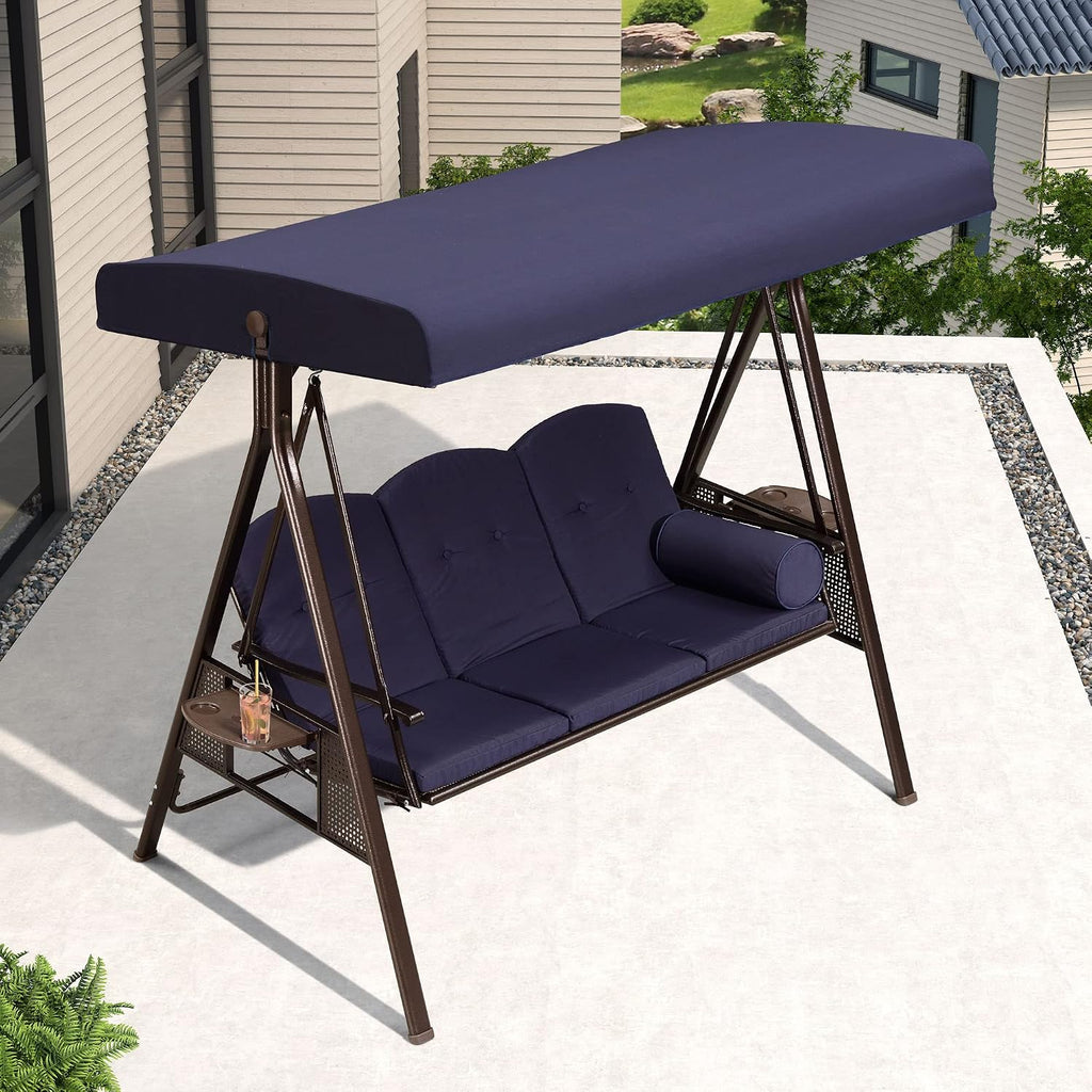 PURPLE LEAF 3-Seat Deluxe Outdoor Patio Porch Swing with Weather Resistant Steel Frame, Adjustable Tilt Canopy, Cushions and Pillow Included, Navy Blue