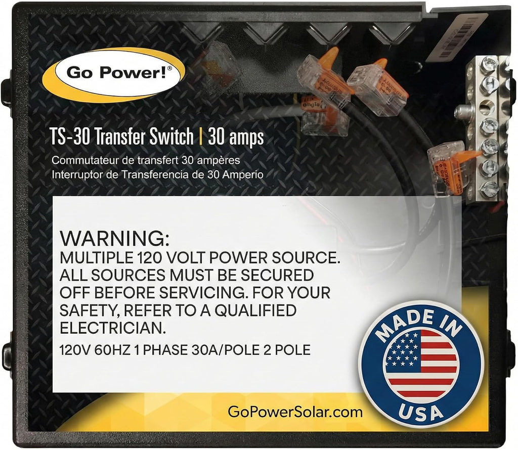 Go Power TS-30 30 Amp Automatic Transfer Switch, Dual Source Compatibility, Generator Delay Switch, Easy Installation, Compact Design