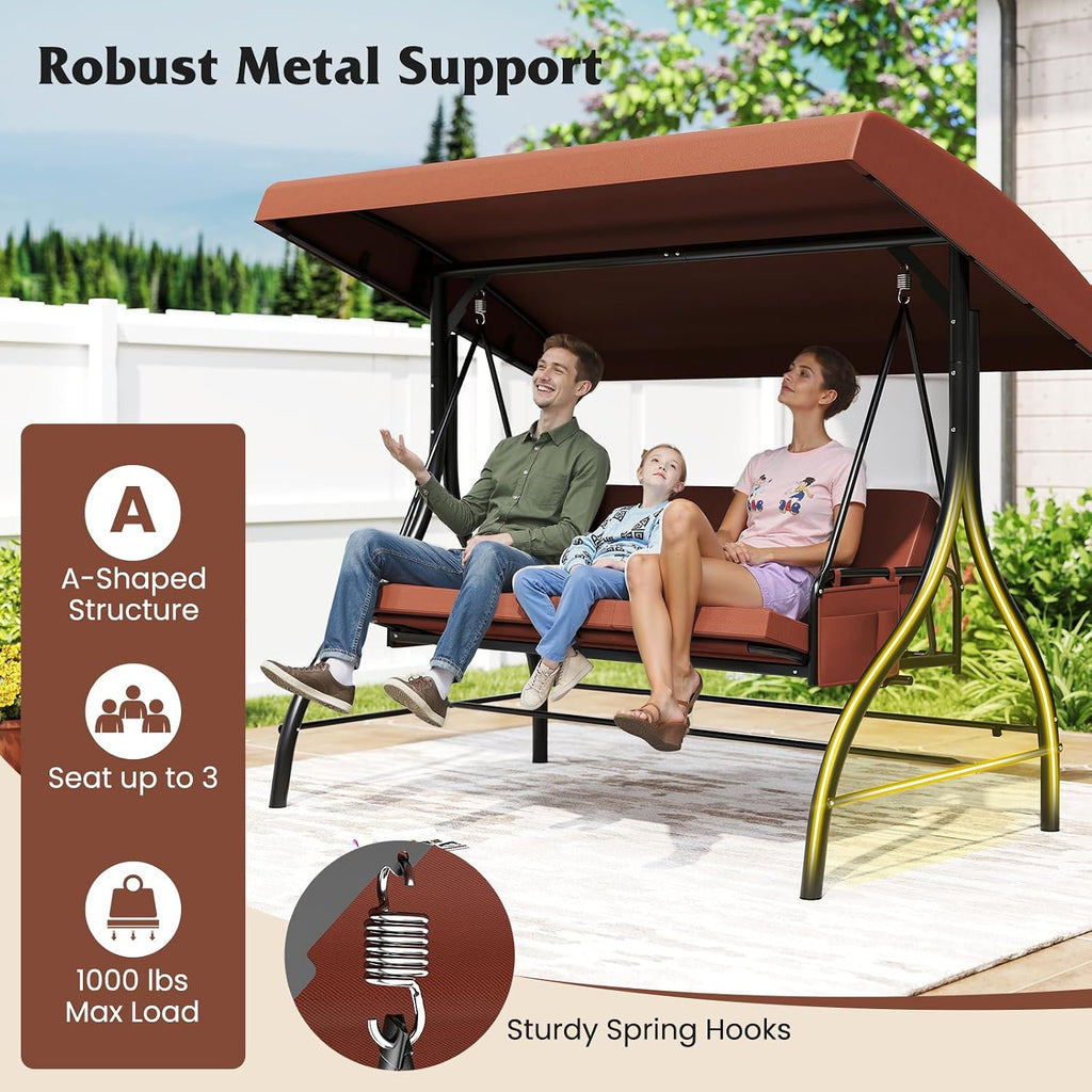 Tangkula 3 Person Porch Swing, 2-in-1 Convertible Outdoor Swing with Adjustable Canopy, Removable Cushions, Metal Frame, Side Pockets for Backyard, Garden, Porch (Brown)
