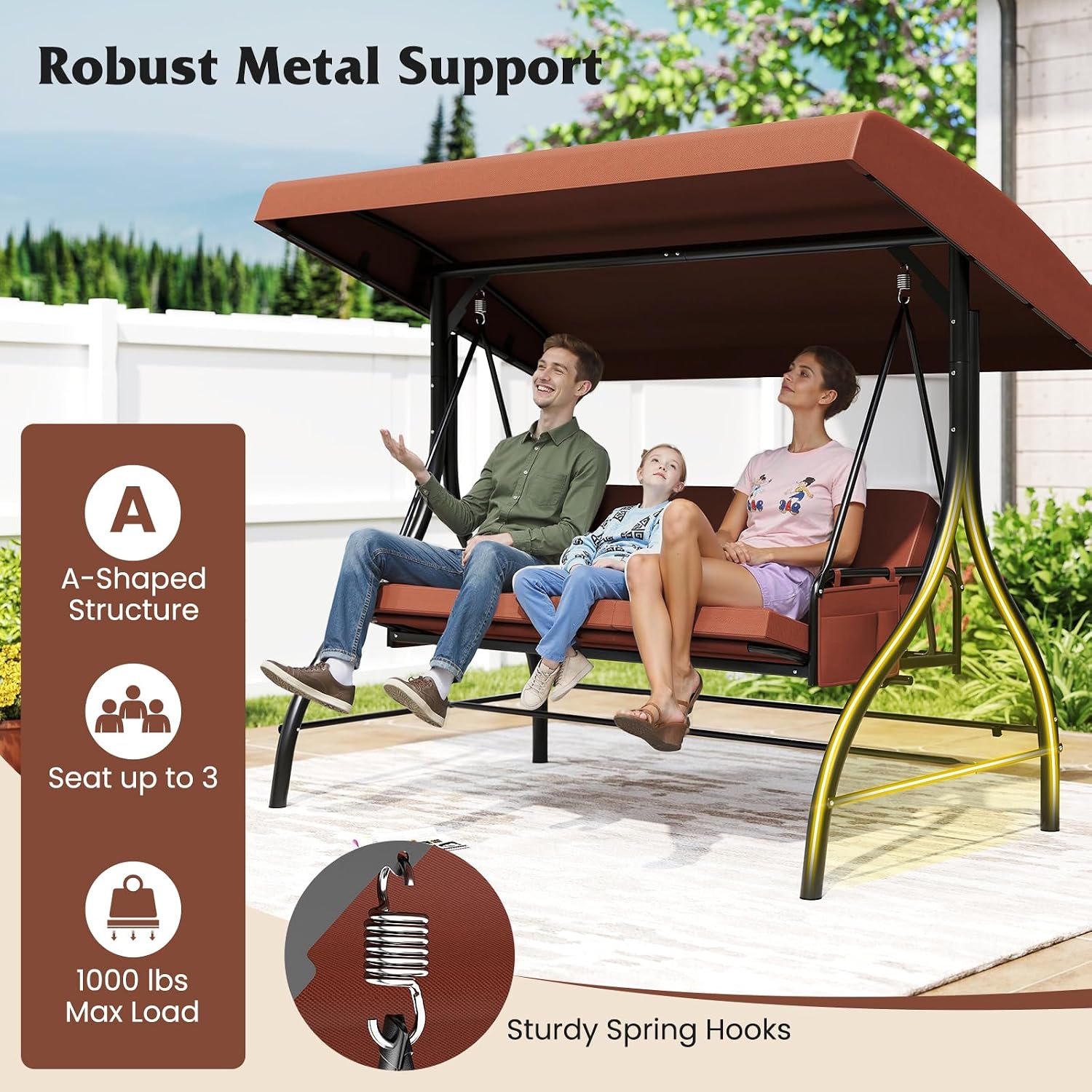 Tangkula 3 Person Porch Swing, 2-in-1 Convertible Outdoor Swing with Adjustable Canopy, Removable Cushions, Metal Frame, Side Pockets for Backyard, Garden, Porch (Brown)