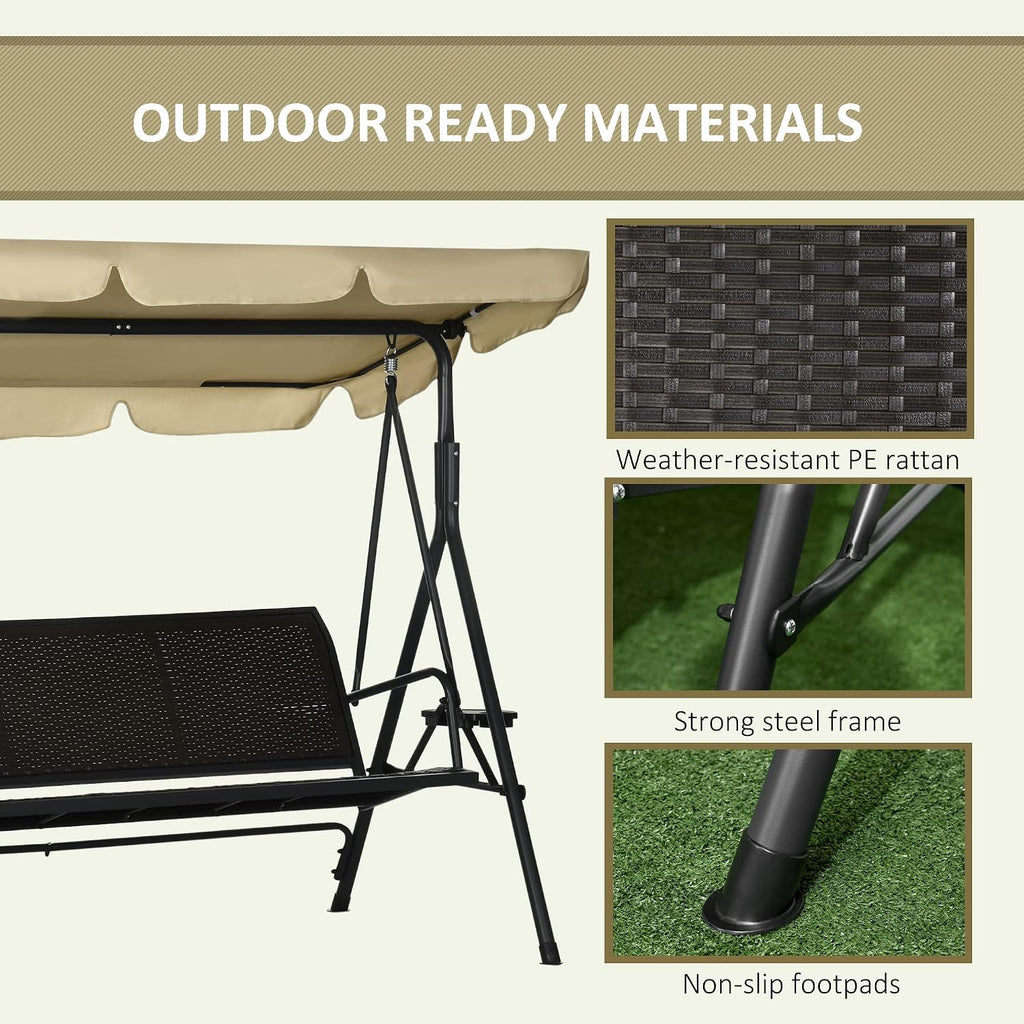 Outsunny 3-Seat Patio Swing Chair, Swing Bench for Outside w/Adjustable Shade, Removable Cushion and Rattan Seat, for Garden, Porch, Backyard, Poolside