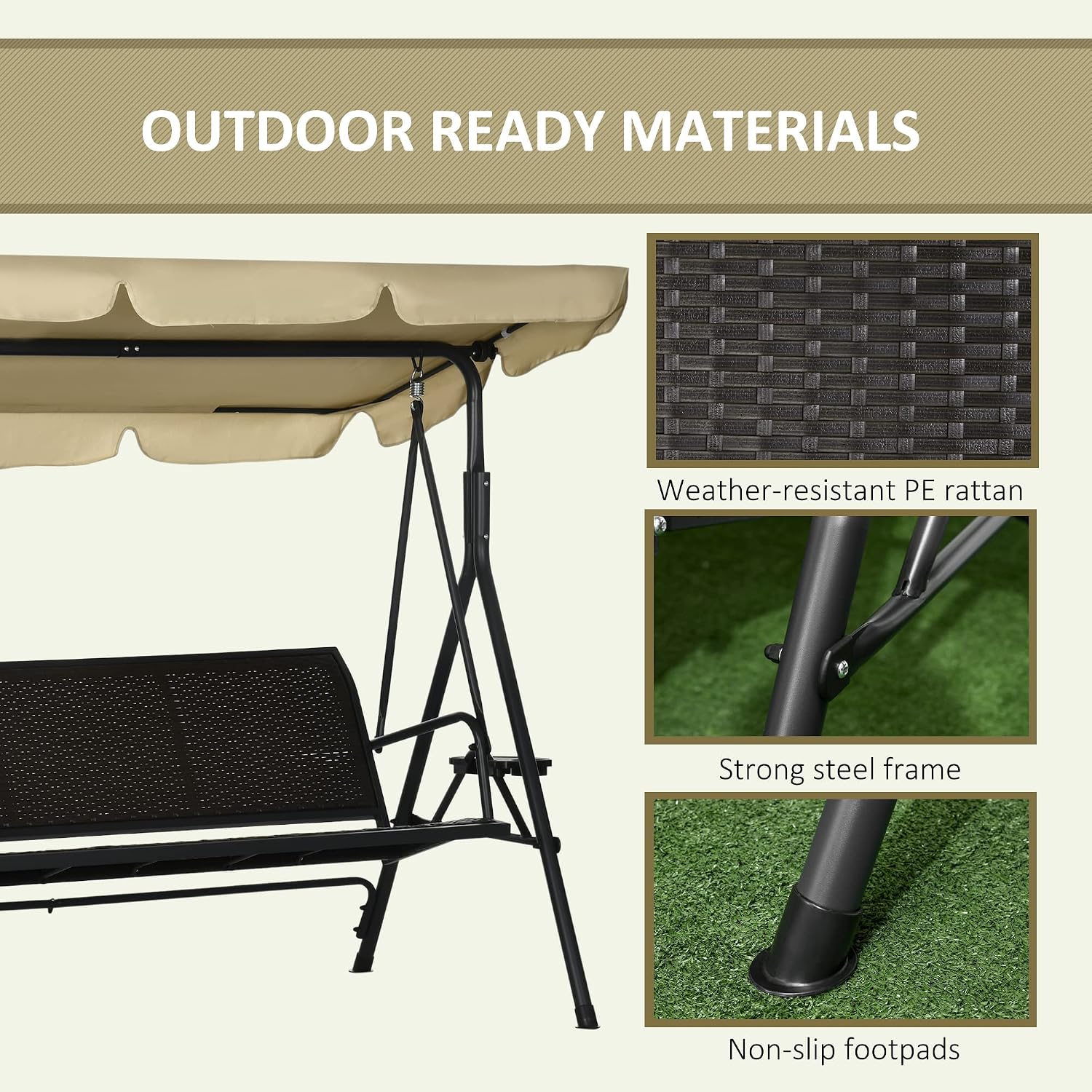 Outsunny 3-Seat Patio Swing Chair, Swing Bench for Outside w/Adjustable Shade, Removable Cushion and Rattan Seat, for Garden, Porch, Backyard, Poolside