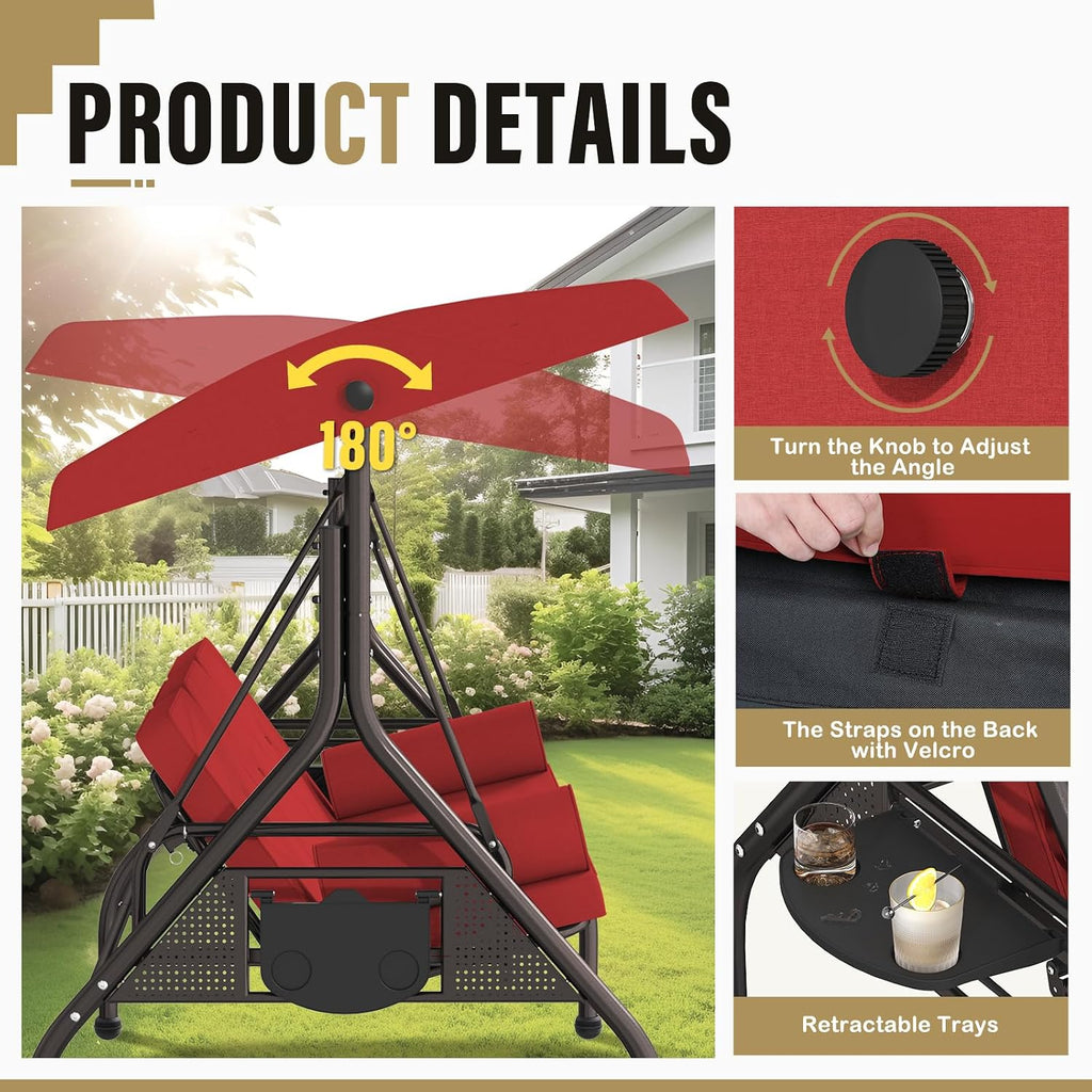 Betterland 3-Seat Patio Swing Chair, Outdoor Porch Swing with Pillows, Cushions & Cup Holders, Adjustable Canopy Outside Bench Swing for Backyard, Porch, Garden(Red)