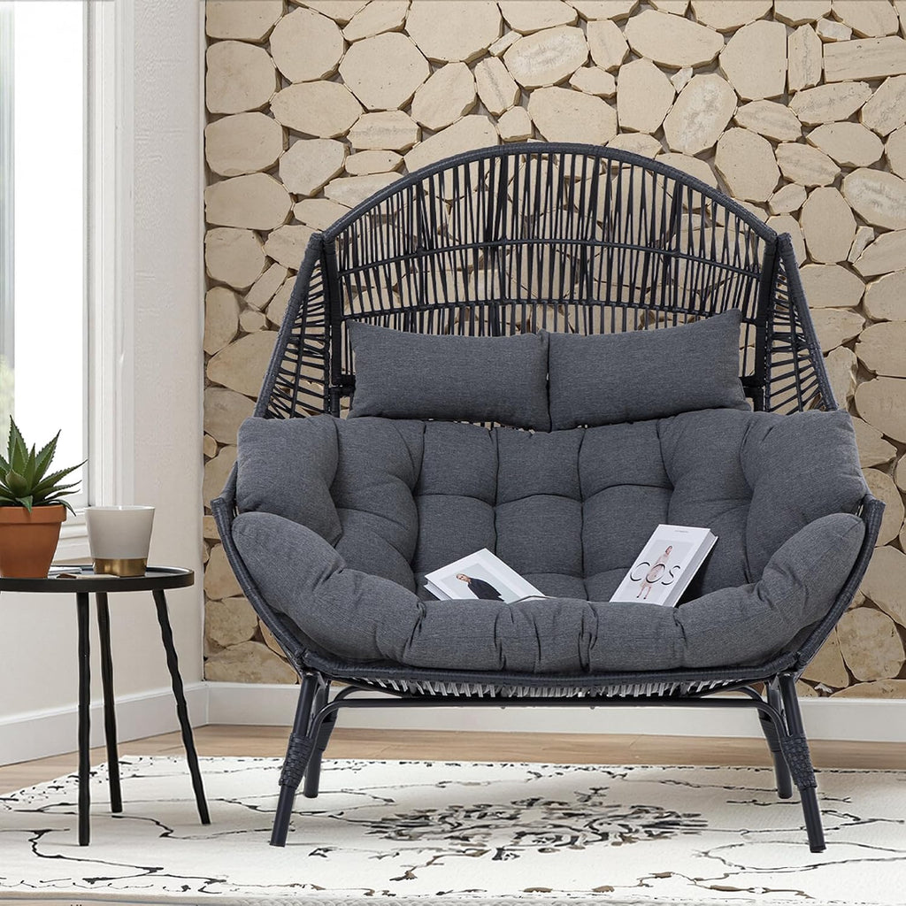 IRONCK Double Egg Chair Outdoor, 2 Person Wicker Lounge Chair, Oversized Thickened Padded Cushions and Headrests, 680 Lbs Egg Loveseat for Indoor, Patio, Living Room, Porch, Balcony, Dark Grey